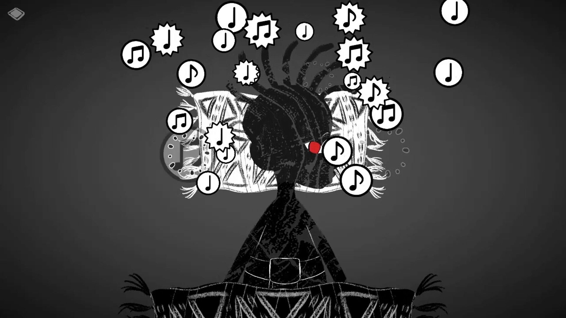 Vem, Exu: Shadow figure amid floating music-note icons over a patterned drum on gray backdrop.