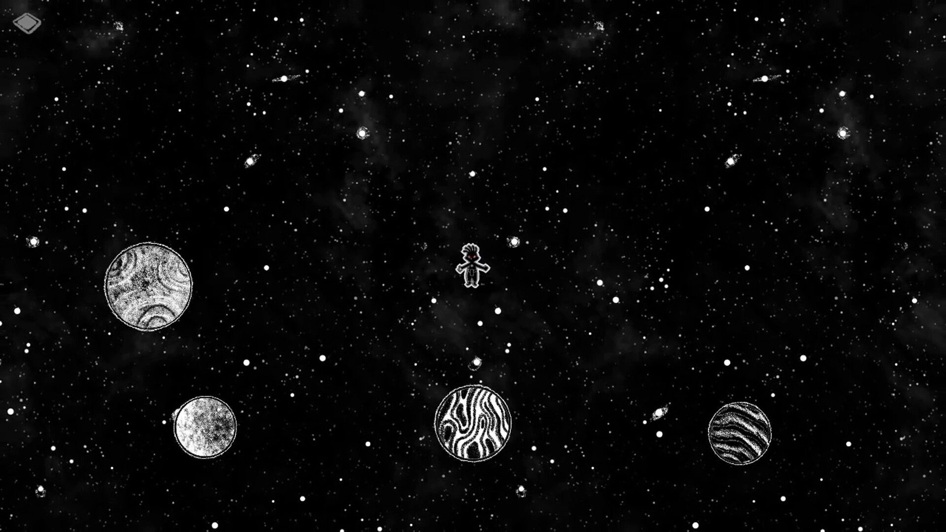 Vem, Exu: Small character floating in starfield near three textured planets in space exploration scene.