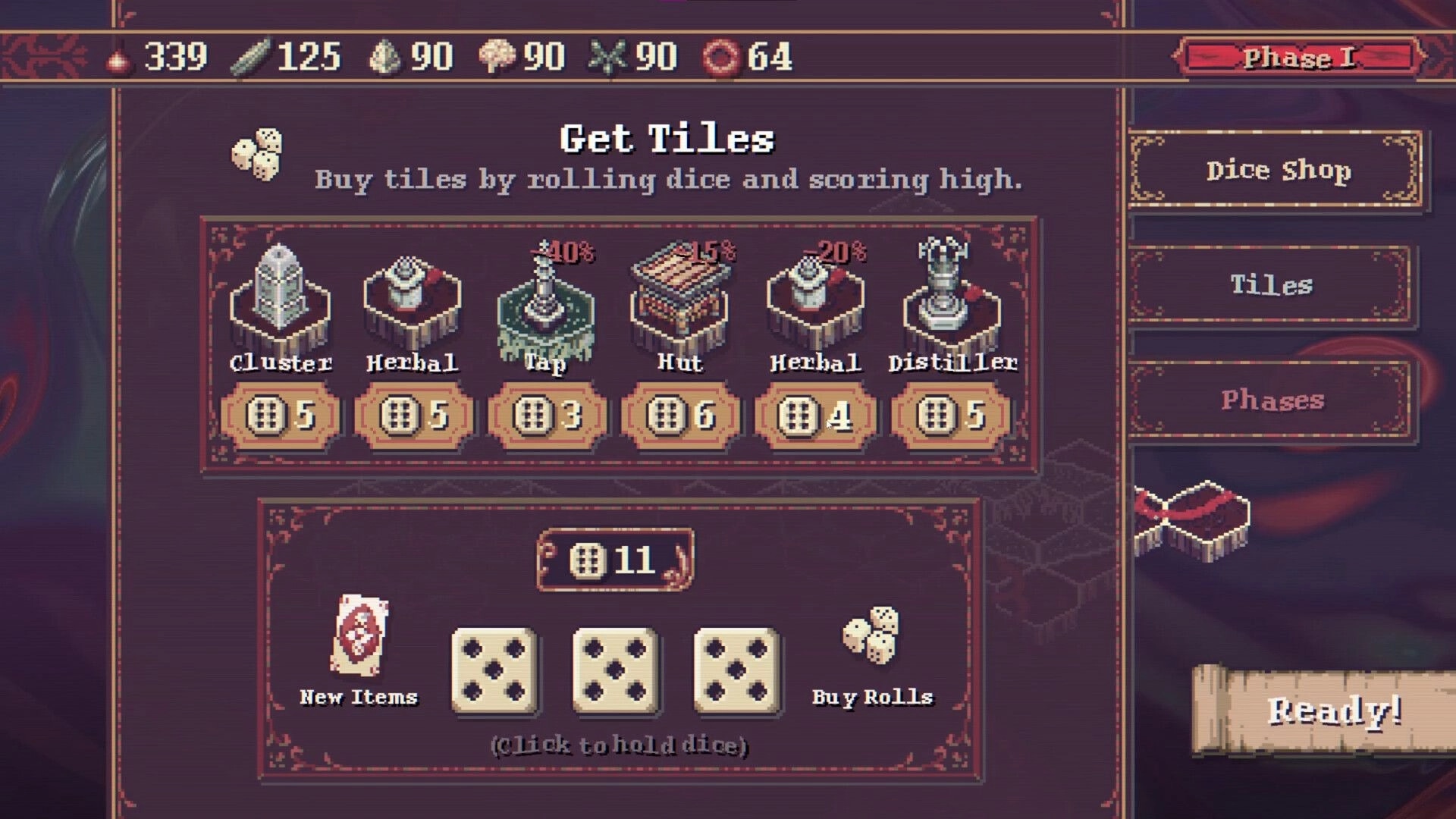 Vena: Tile selection screen with dice rolls and resource options in hex-tile city-building interface.