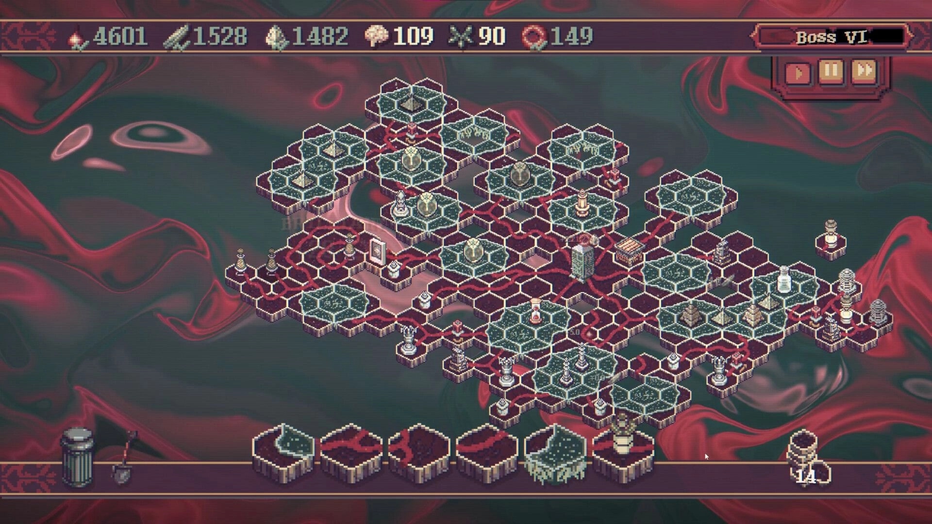 Vena: Hex-tile grid with resource icons, various structures, and UI elements in a dark, abstract setting.