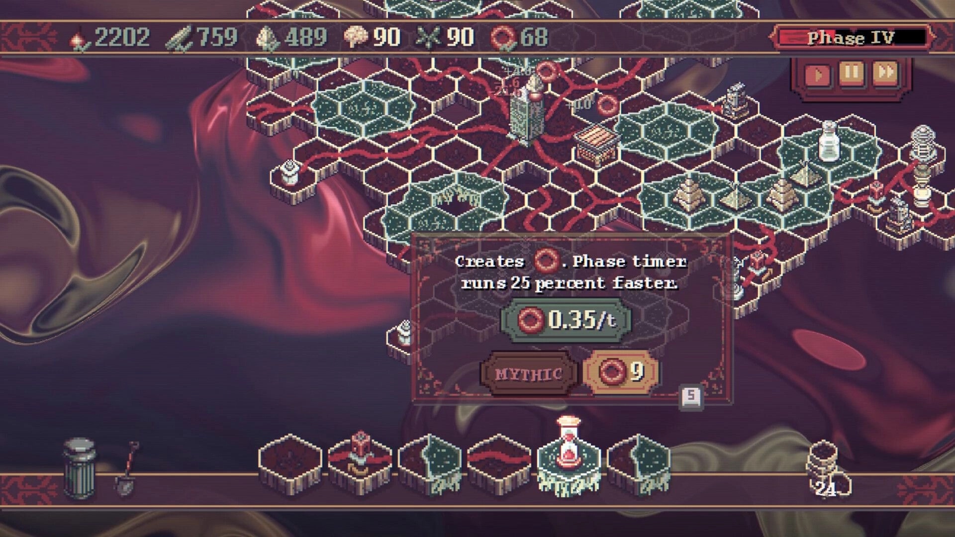 Vena: Hex-tile city with resource bar, phase IV timer, and mythic phase timer boost information