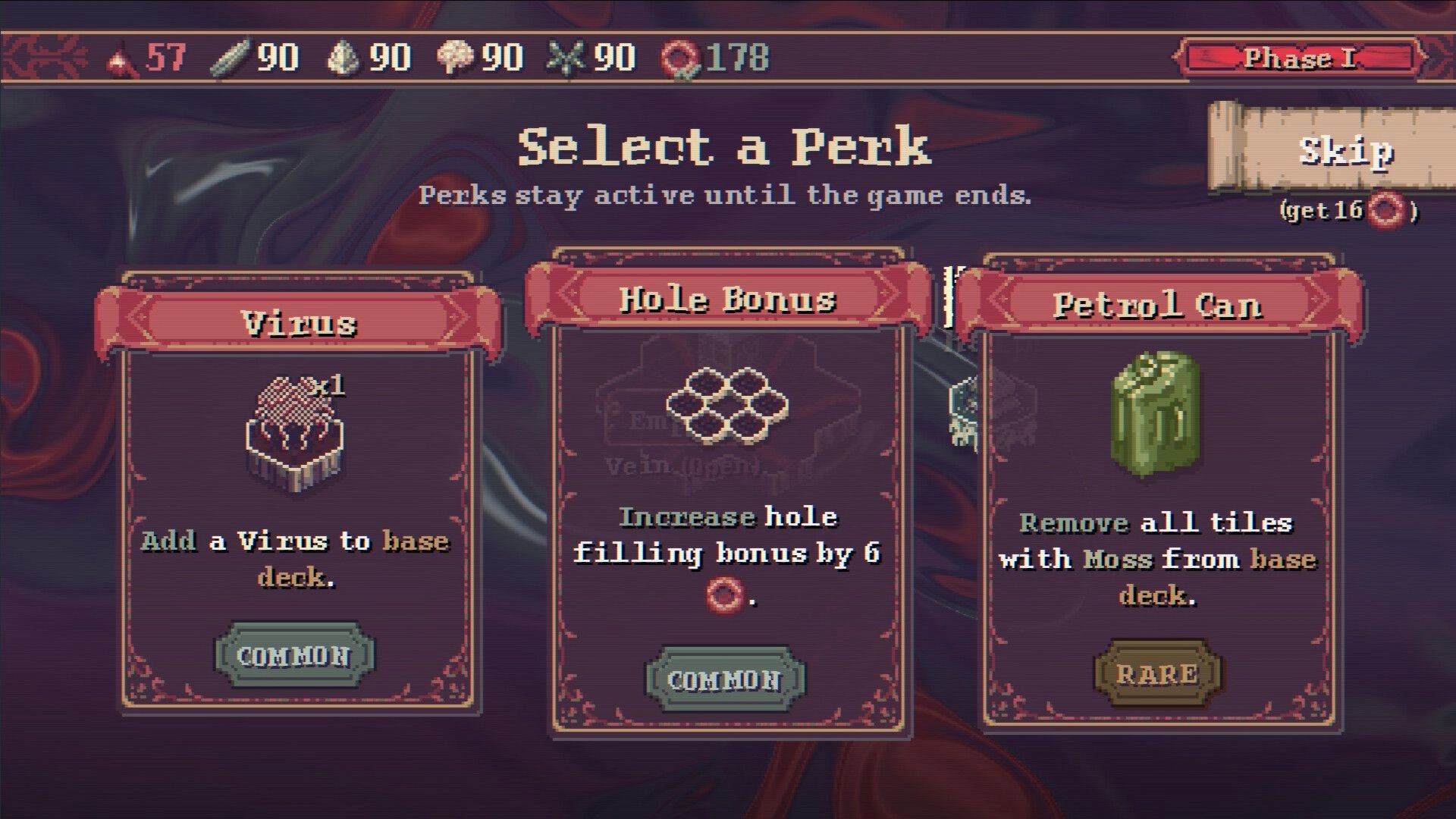 Vena: Perk selection menu with options for Virus, Hole Bonus, and Petrol Can displayed