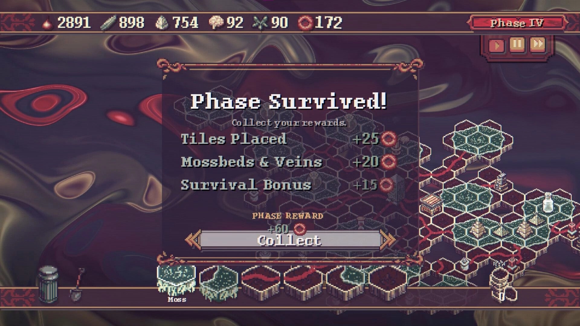 Vena: Phase complete screen with hex-tile rewards and resource stats in a roguelike city builder setting.