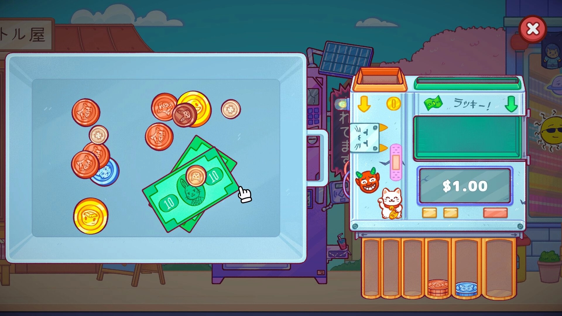 Vending Machine Co.: Coin sorting mini-game with colorful currency, Japanese vending machine UI visible