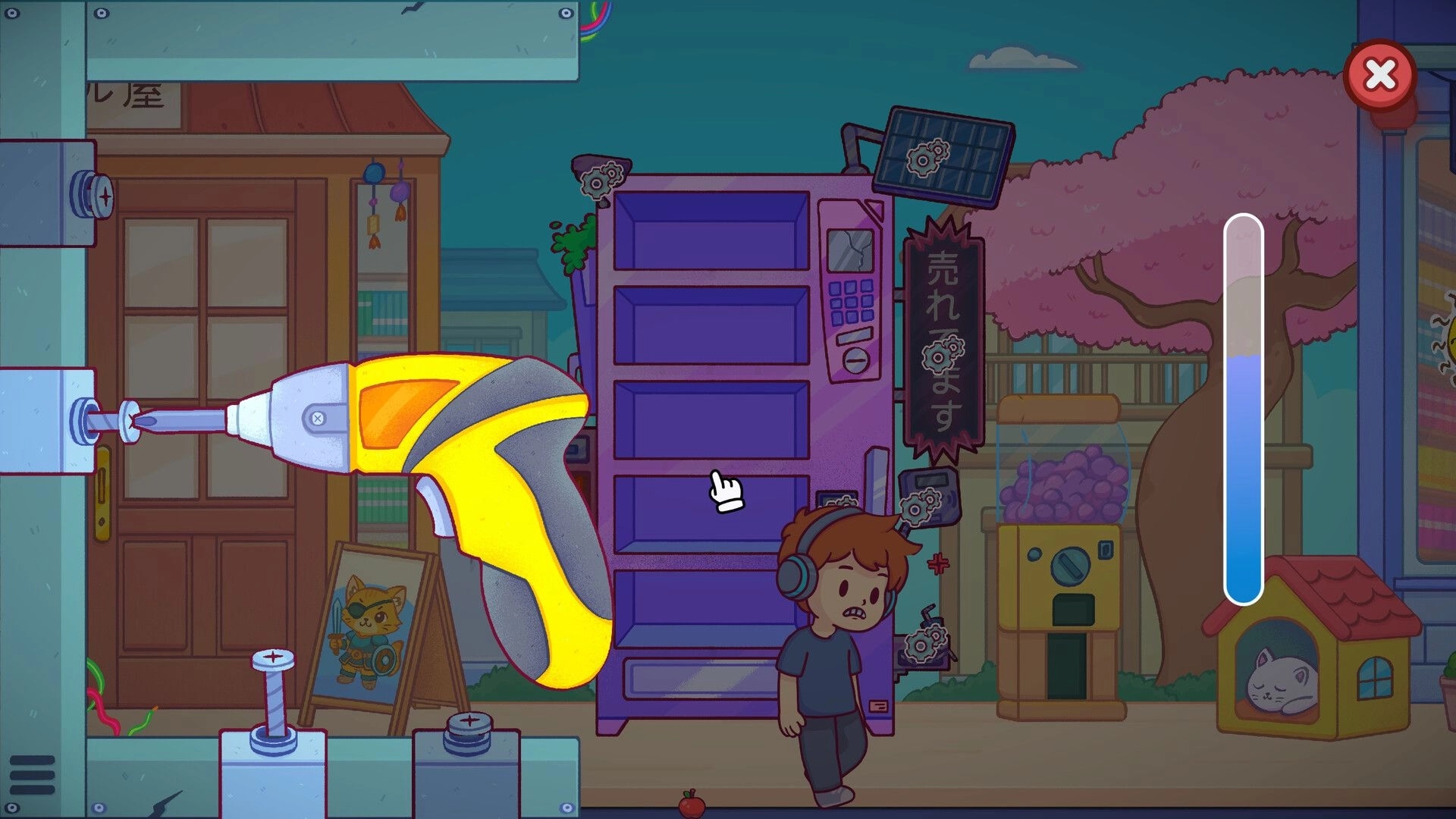 Vending Machine Co.: Player uses drill on machine as character with headphones stands in Japanese street.