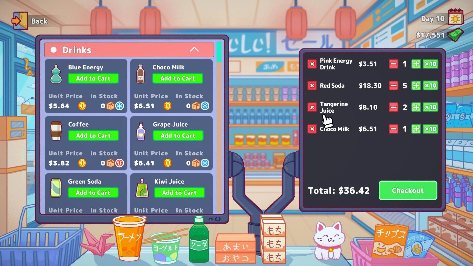 Vending Machine Co.: Drinks menu with prices and cart interface in a colorful Japanese convenience store