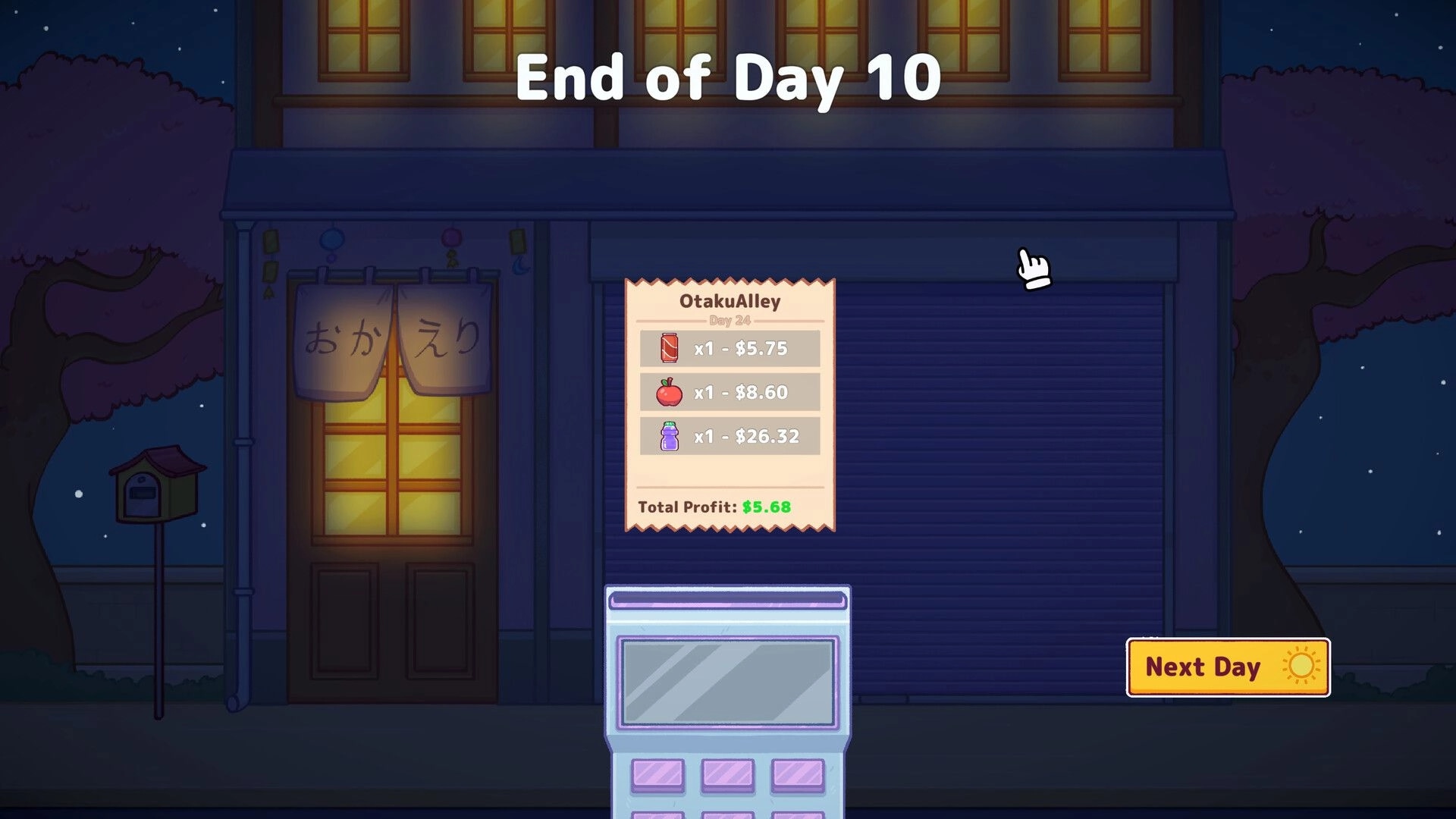 Vending Machine Co.: End of Day 10 summary with profits displayed in OtakuAlley at night setting