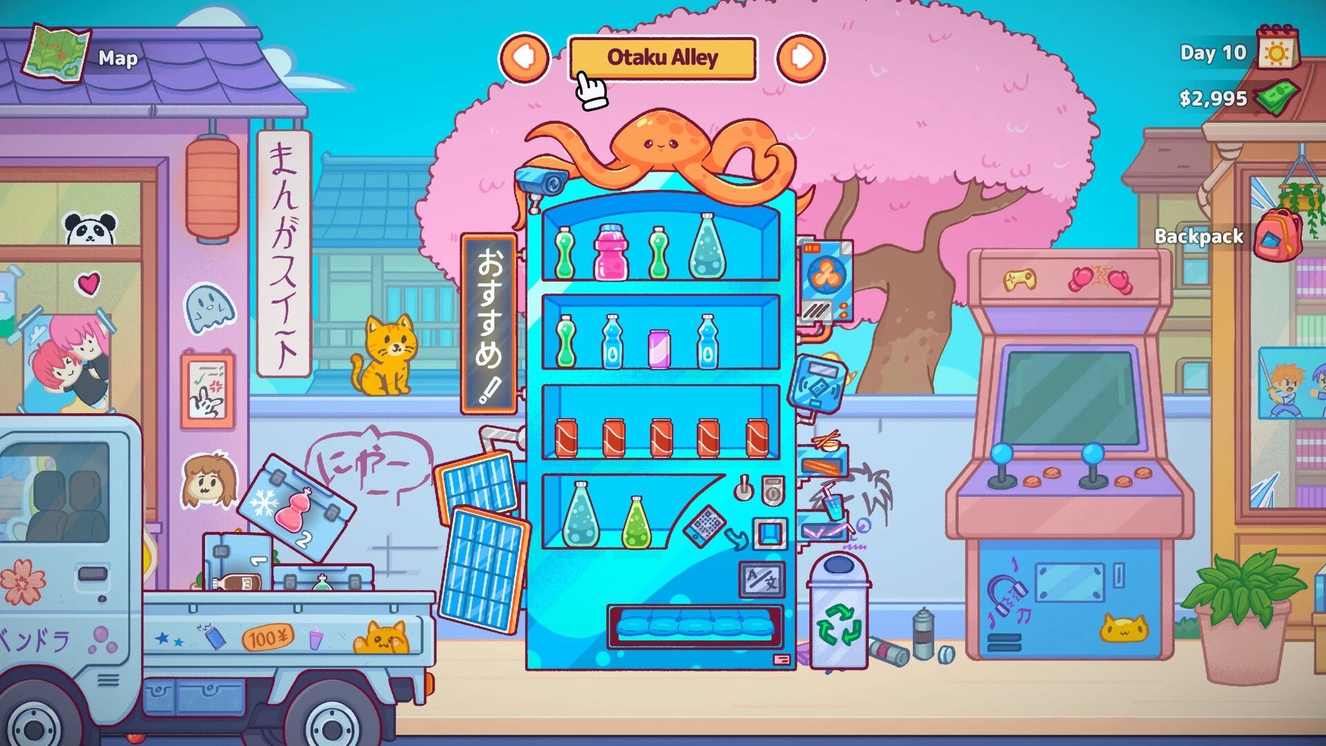 Vending Machine Co.: Stocking vending machine with drinks in Otaku Alley, cherry blossom trees in view