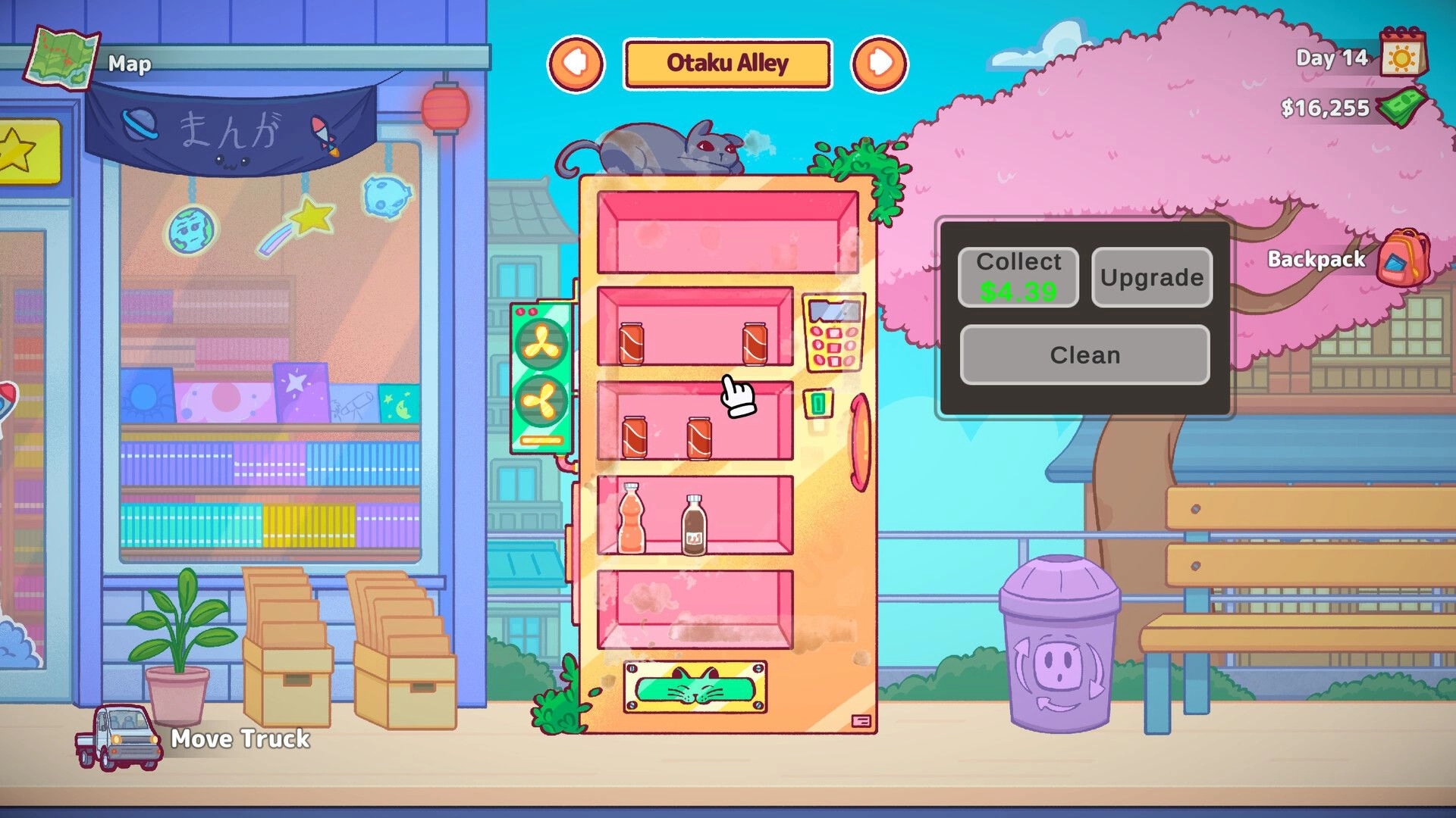 Vending Machine Co.: Stocking vending machine in Otaku Alley with UI options for collect, upgrade, clean.