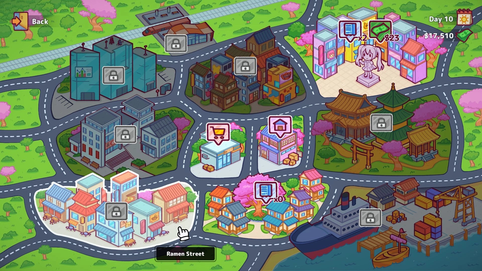 Vending Machine Co.: City map view highlighting Ramen Street with selectable vending machine locations