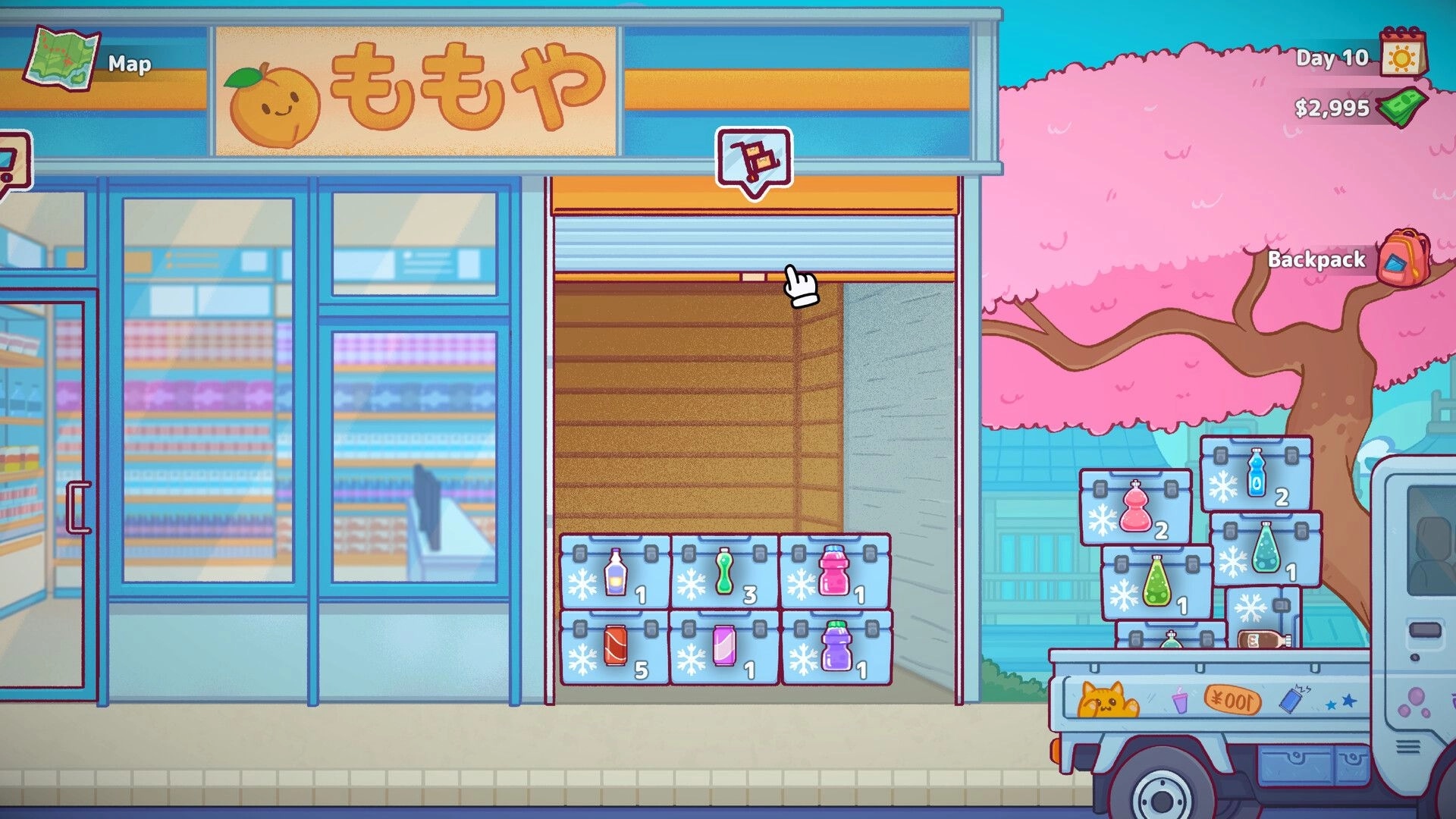 Vending Machine Co.: Player stocking vending machine with beverages next to a shop and cherry blossom tree
