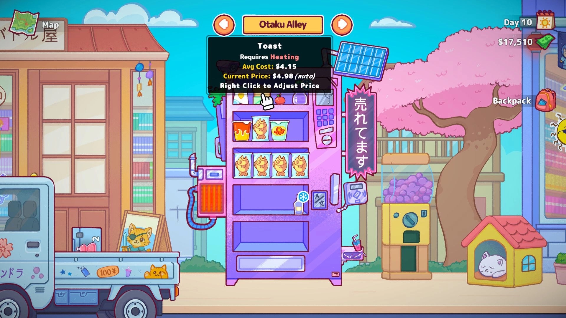 Vending Machine Co.: Stocking snacks in Otaku Alley with pricing UI, truck, and cherry blossom tree