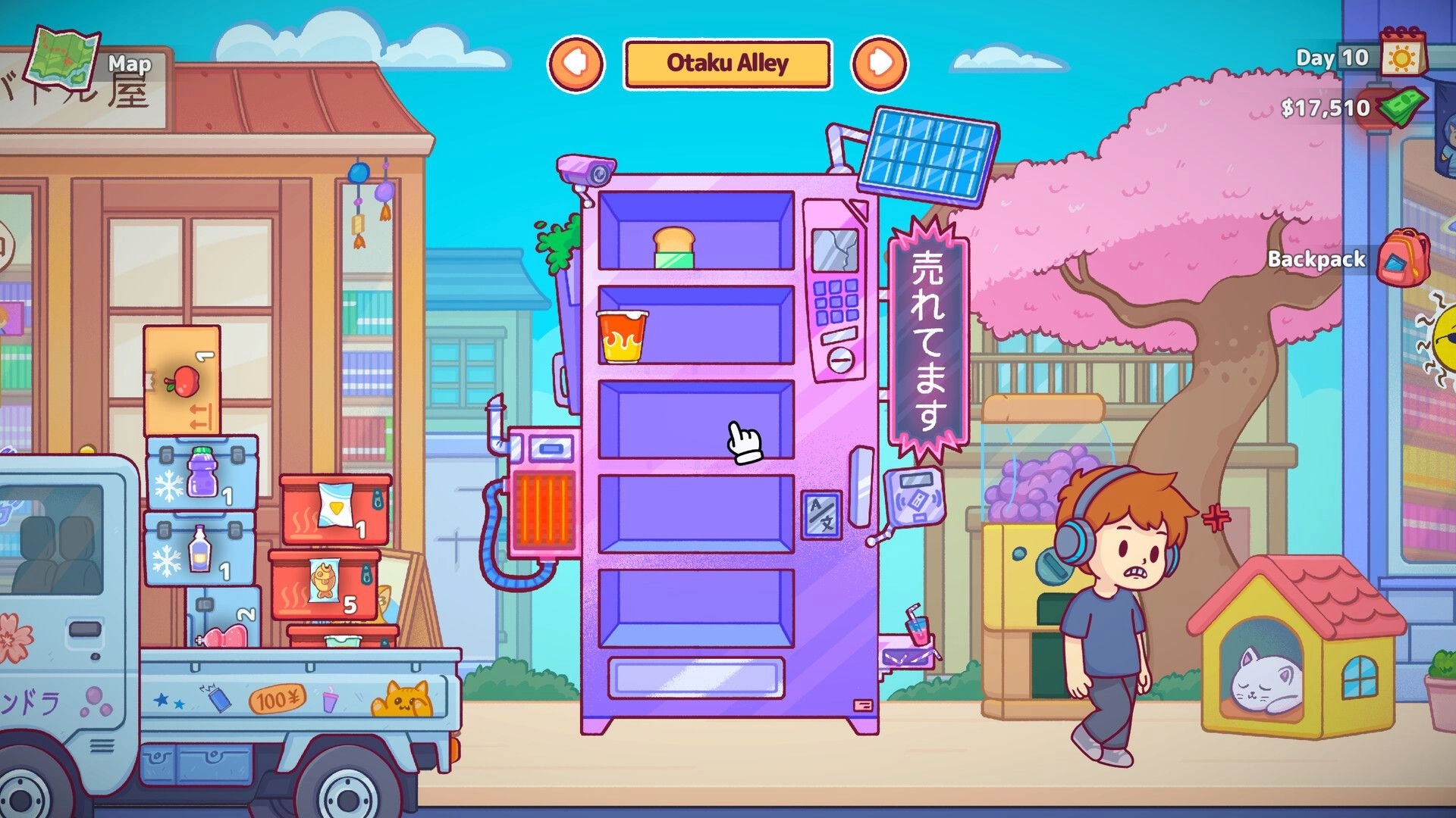Vending Machine Co.: Stock truck unloading snacks near vending machine on Otaku Alley with cherry blossoms.