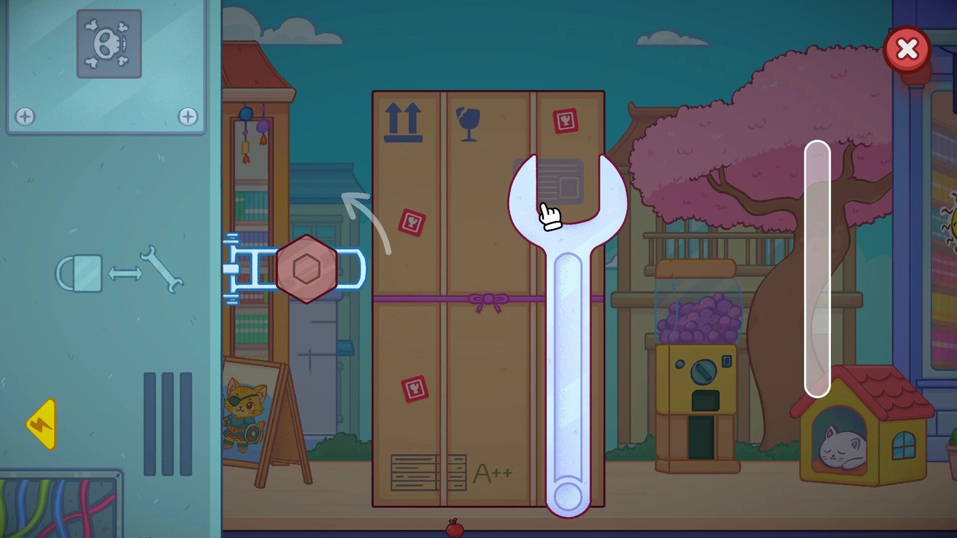 Vending Machine Co.: Player uses wrench tool to unlock vending machine in a quaint Japanese street setting.