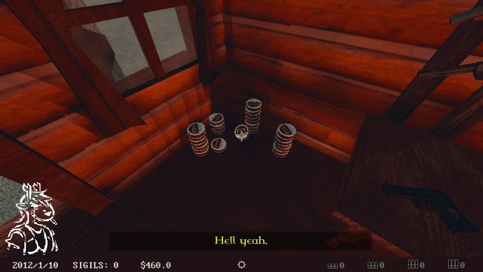Venison County: Stacks of canned goods on wooden floor with handgun nearby in a dimly lit cabin