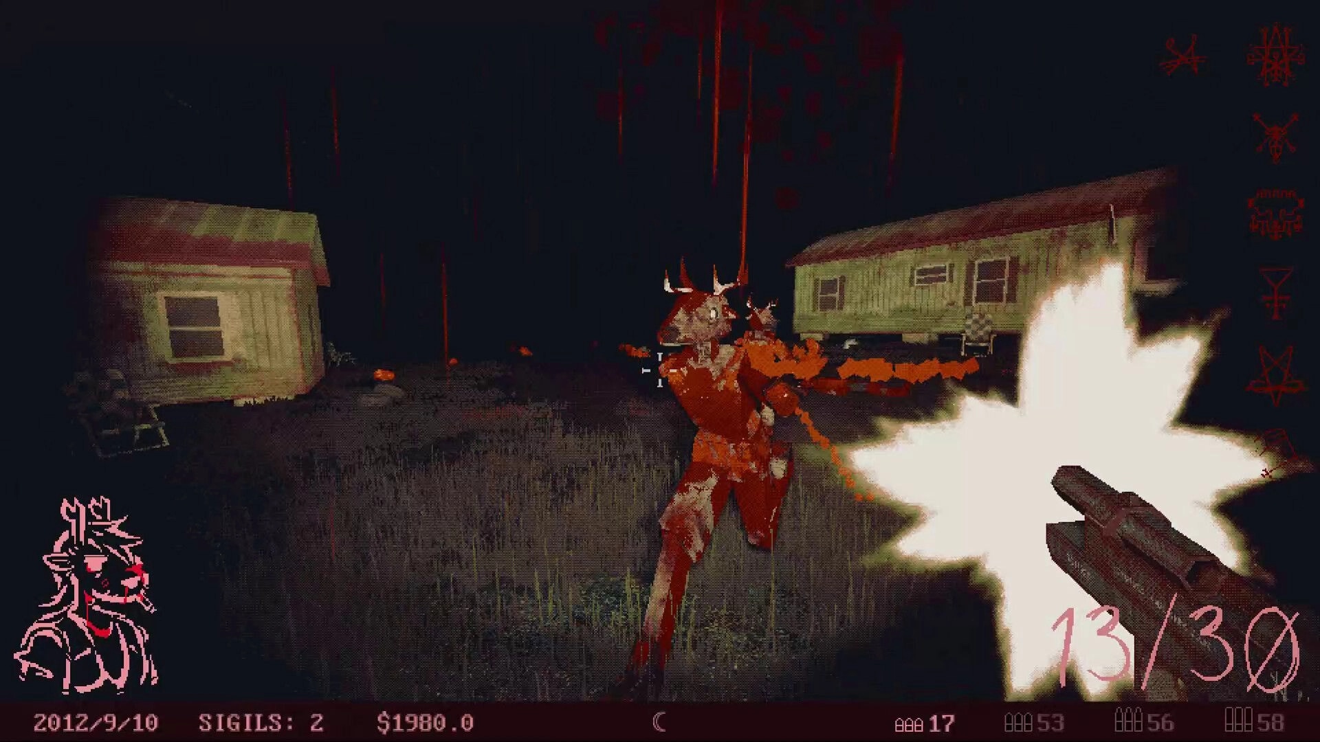 Venison County: Player firing at undead enemy in dark rural setting with two houses and UI stats visible