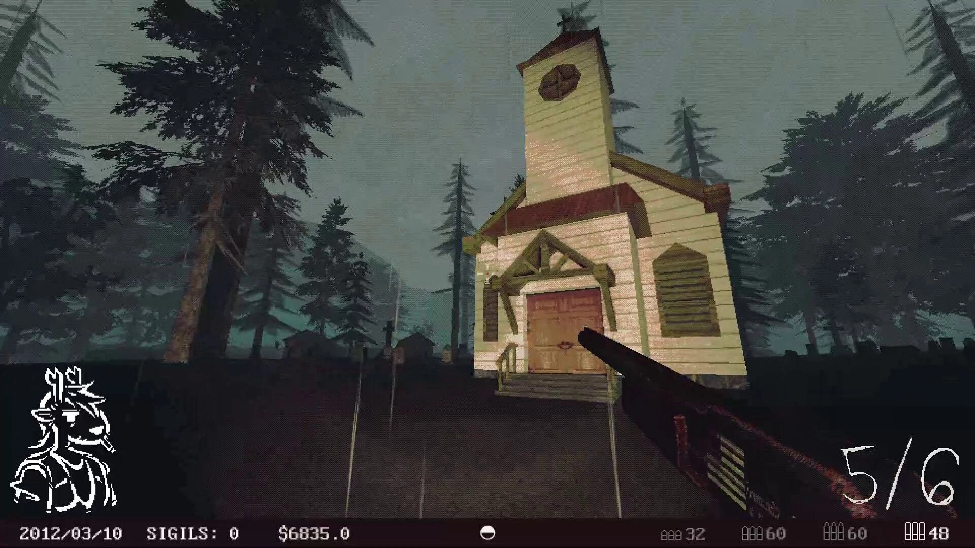 Venison County: Aiming shotgun at eerie church in a foggy forest with ammo and sigil counters displayed