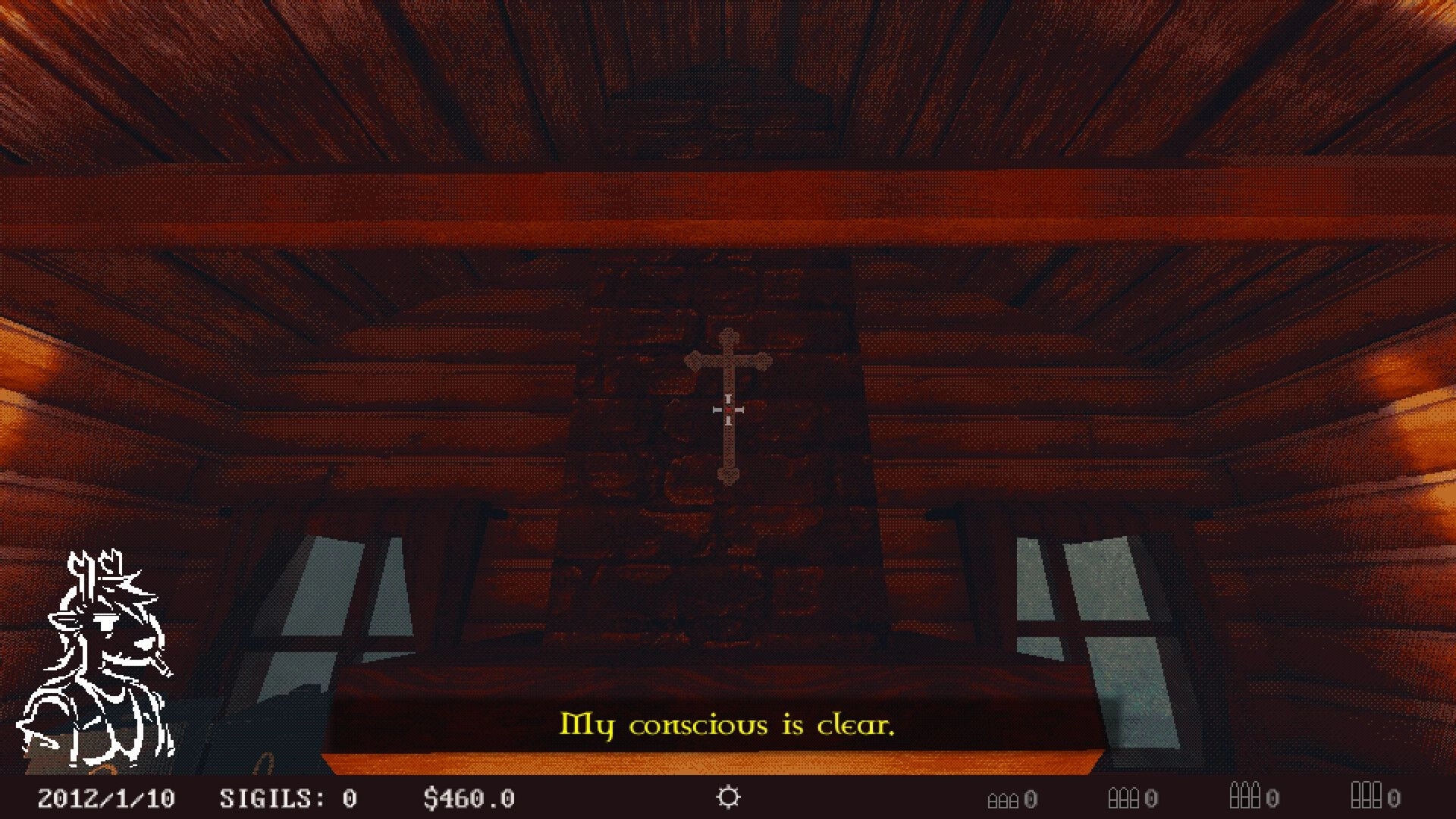 Venison County: Wooden cabin interior with cross on wall and dialogue text saying, "My conscious is clear."