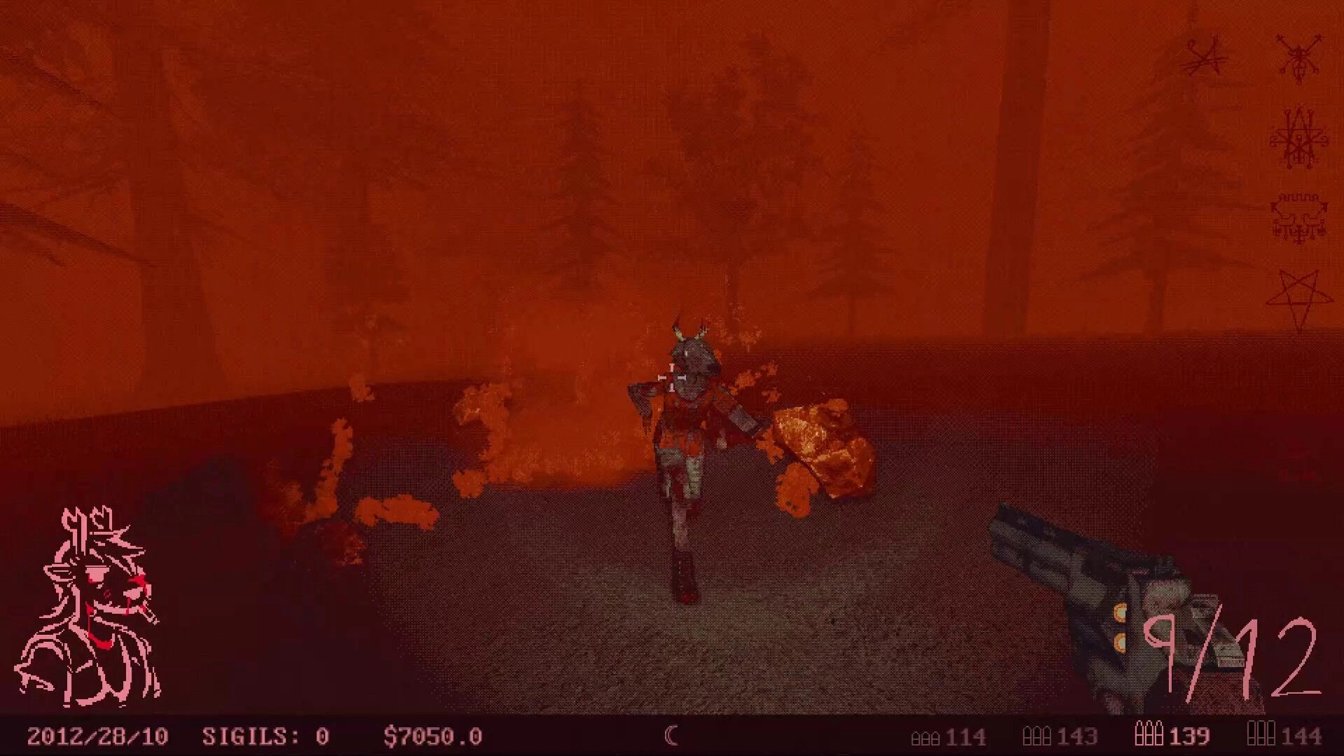 Venison County: Player aiming gun at charging armored enemy in foggy forest with burning debris nearby