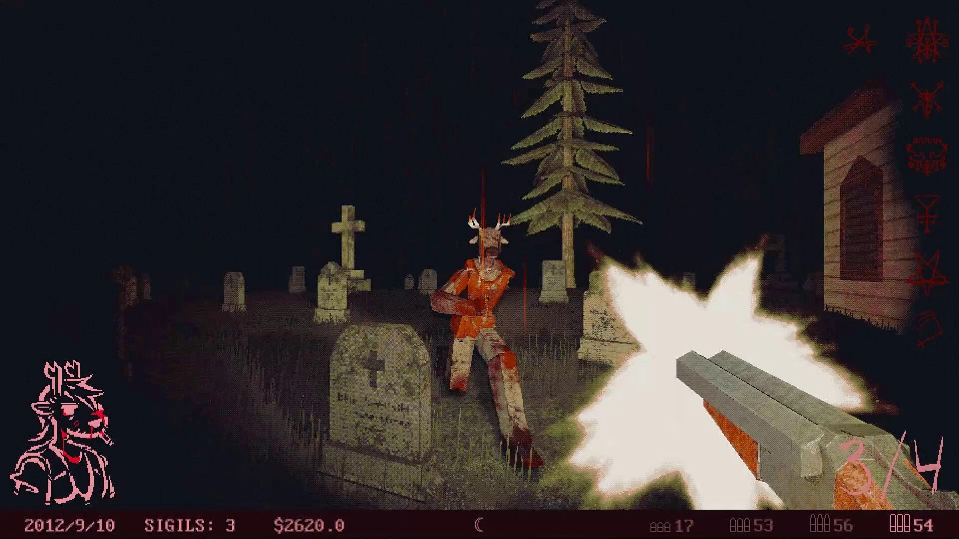 Venison County: Firing a sawed-off shotgun at an undead deer-headed creature in a dark graveyard setting