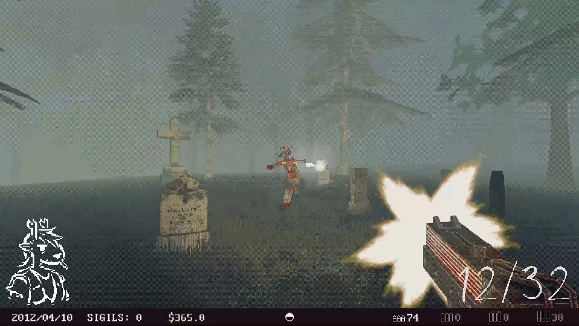 Venison County: Graveyard combat with player firing at undead enemy near tombstones and trees