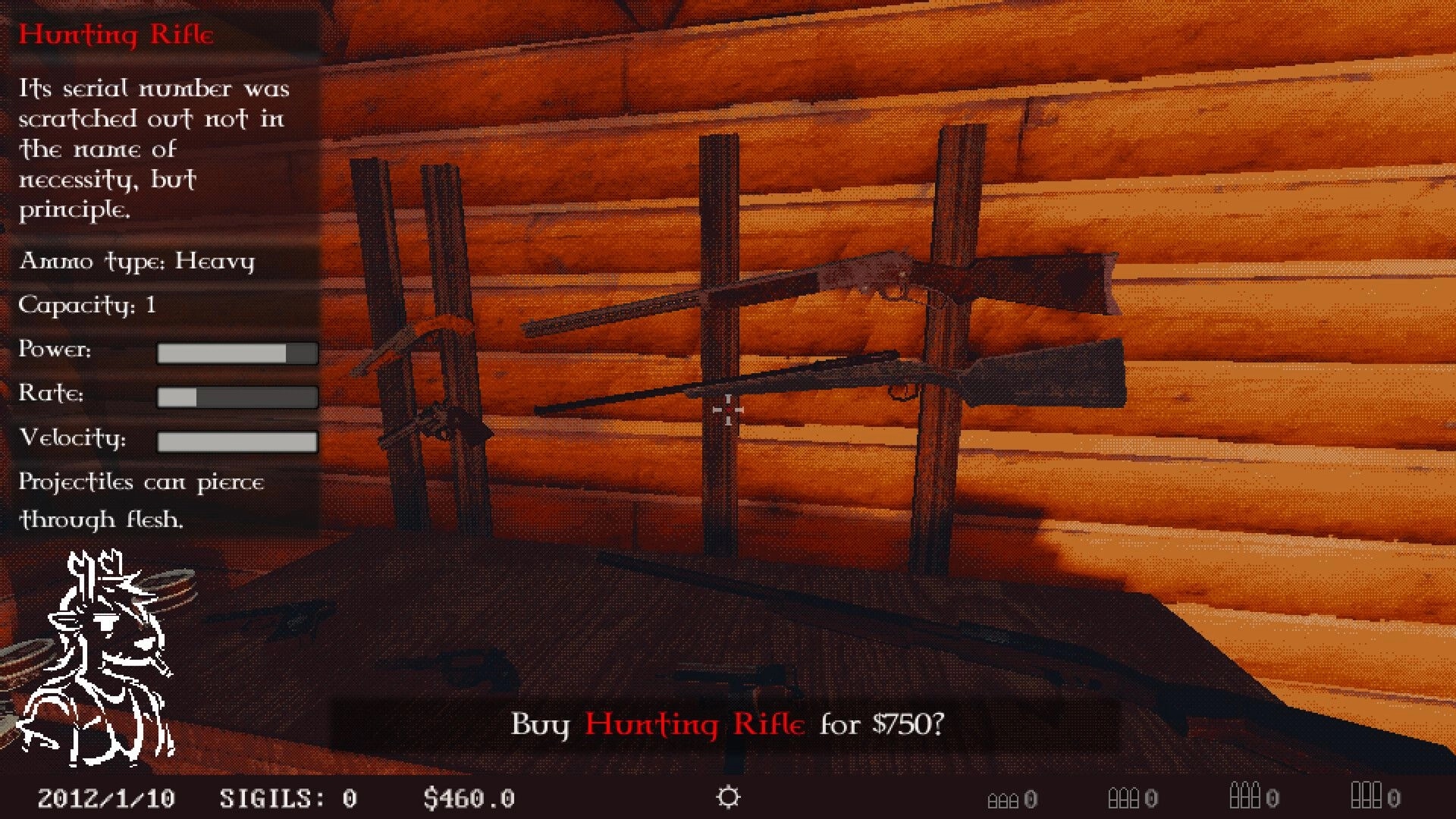 Venison County: Weapon selection screen with hunting rifle details in a wooden cabin setting