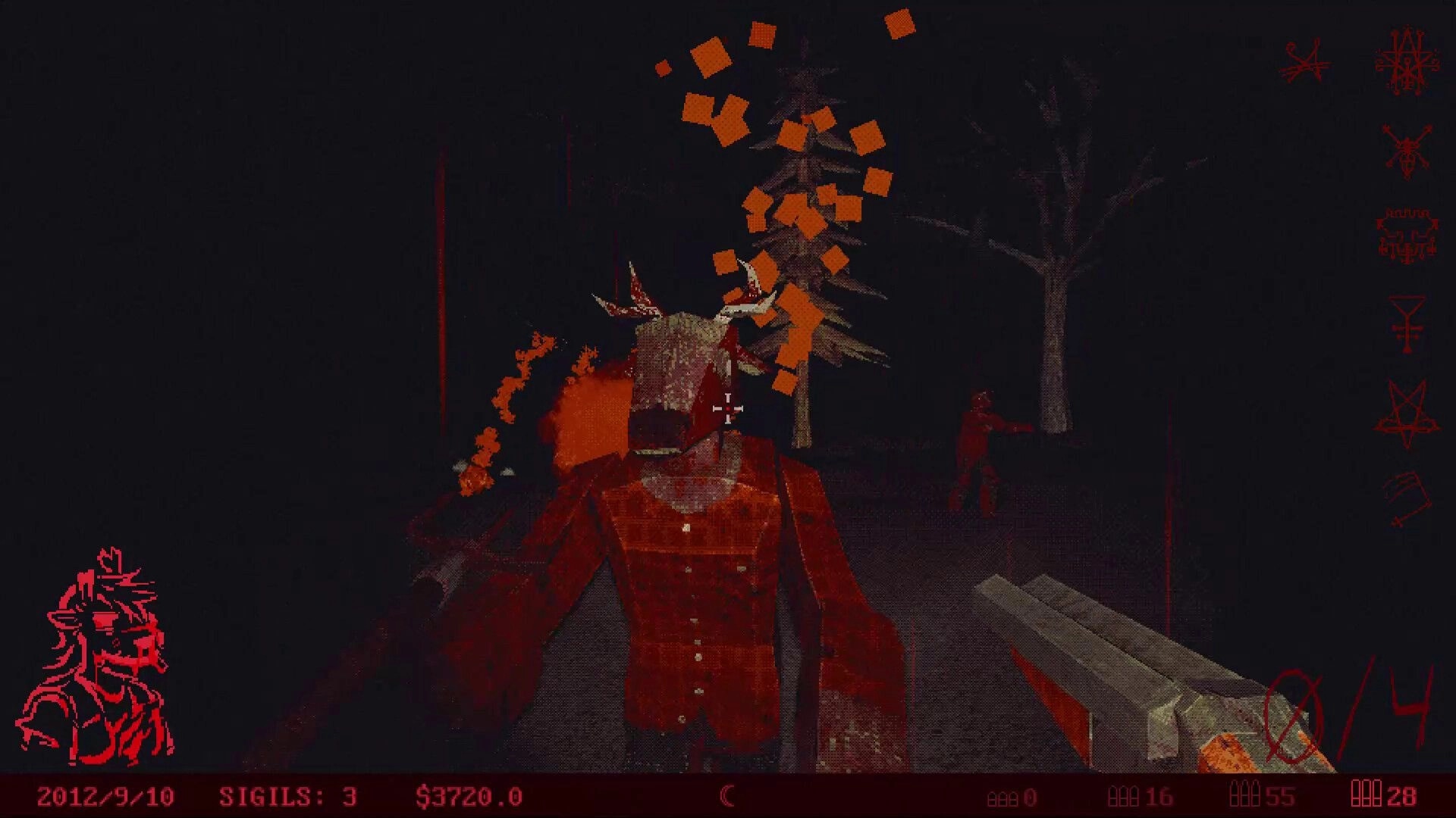 Venison County: Close-range combat with deer-headed enemy in dark forest, UI shows ammo and sigils.