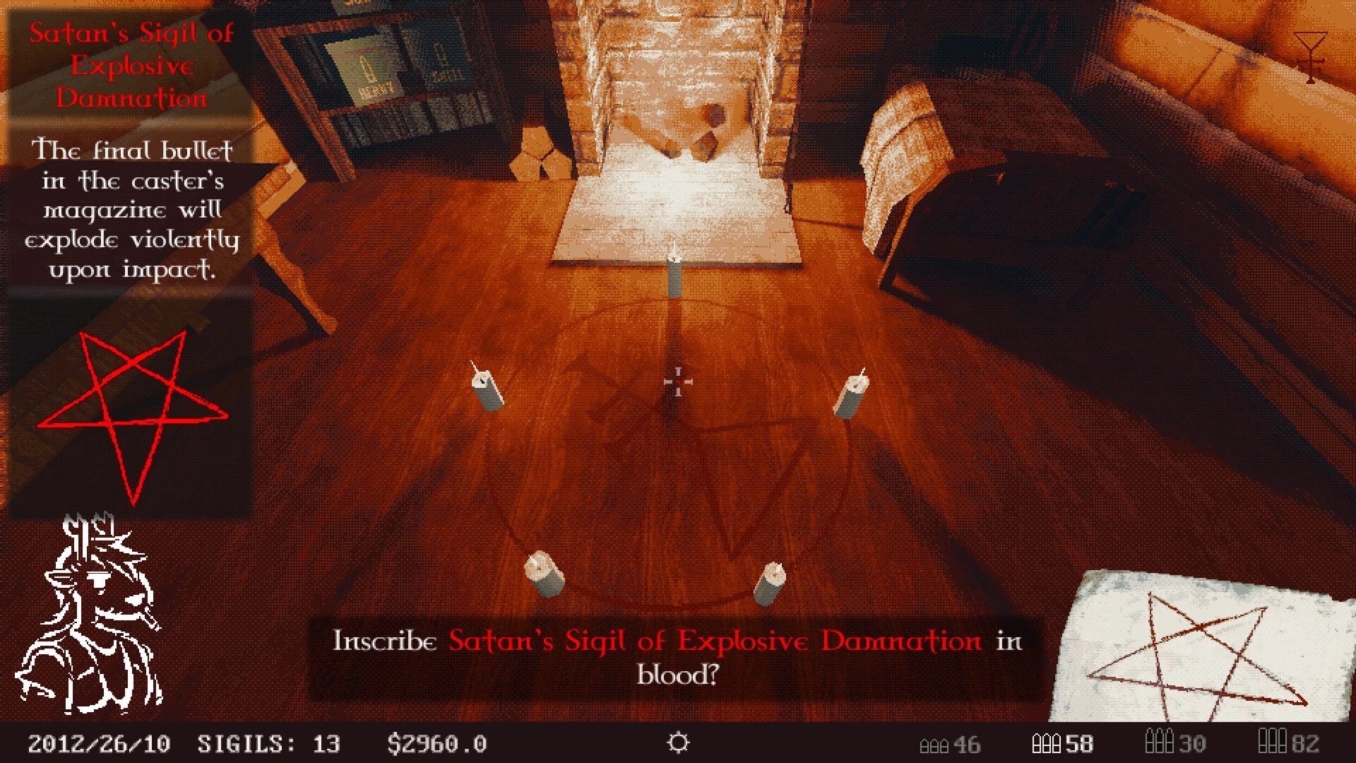 Venison County: Inscribing Satan’s Sigil of Explosive Damnation in a candle-lit wooden room.