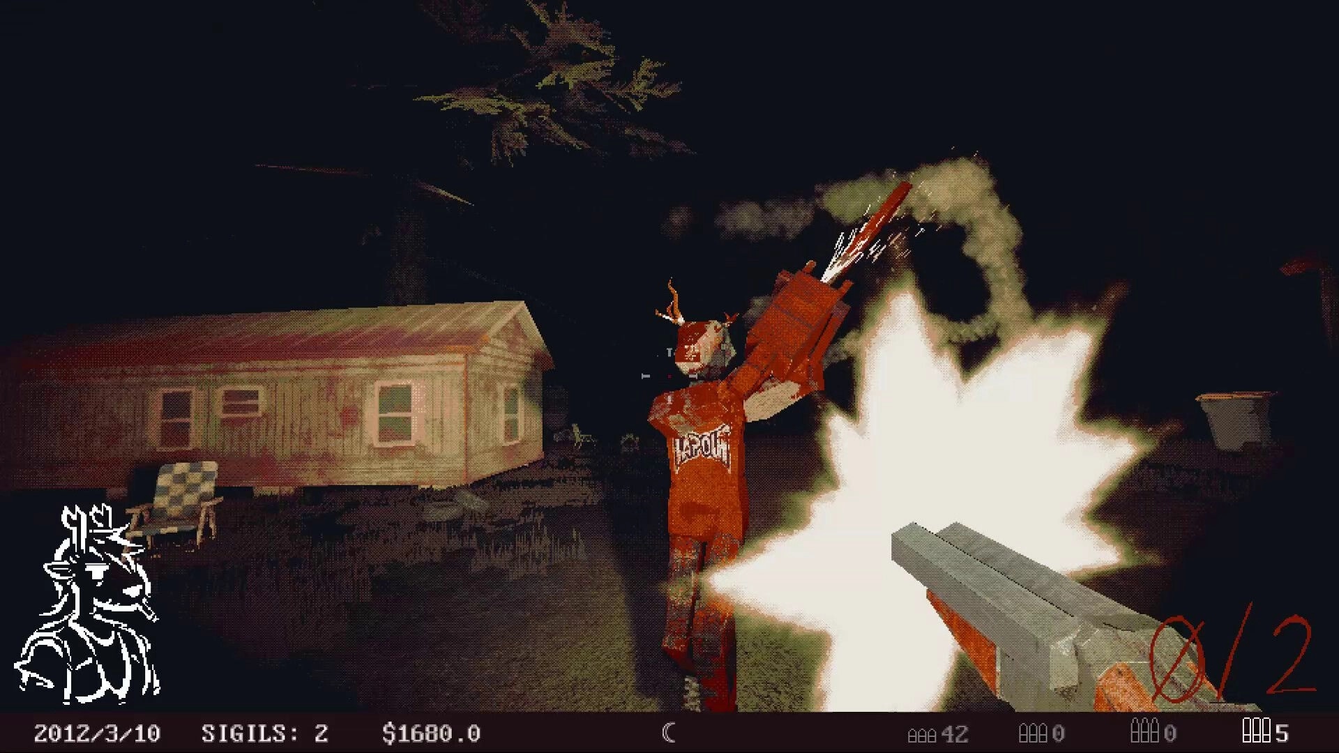 Venison County: Player shoots undead with sawed-off shotgun in front of wooden shack at night.