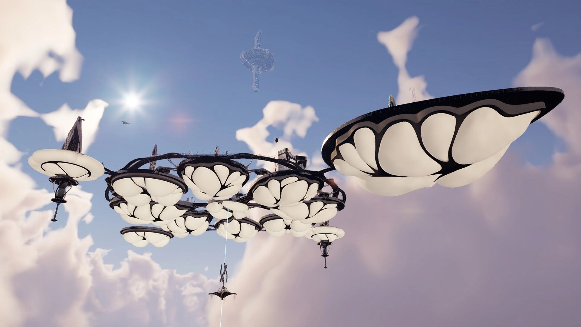 Venus: Expansive cloud city formation with interconnected platforms and futuristic aerial structures