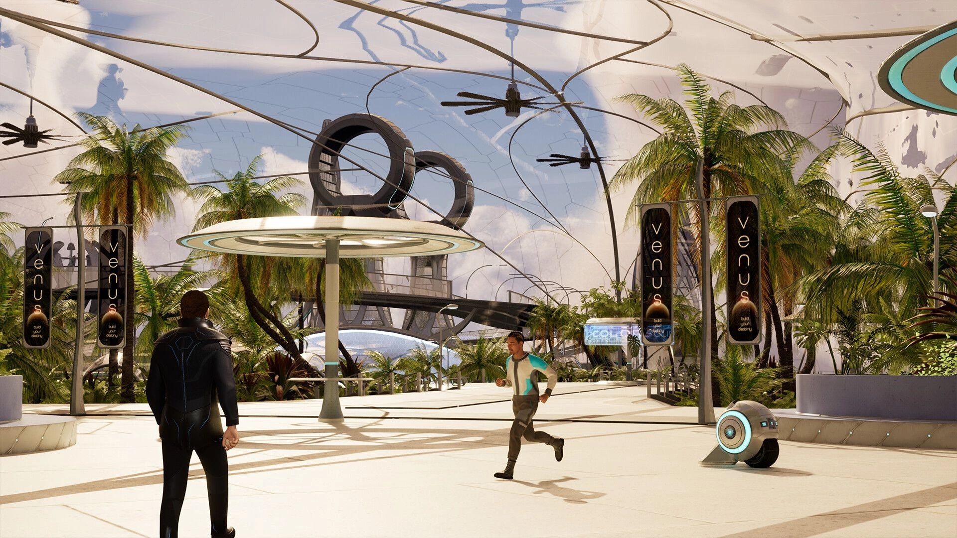 Venus: Characters exploring futuristic city environment with palm trees and advanced architecture