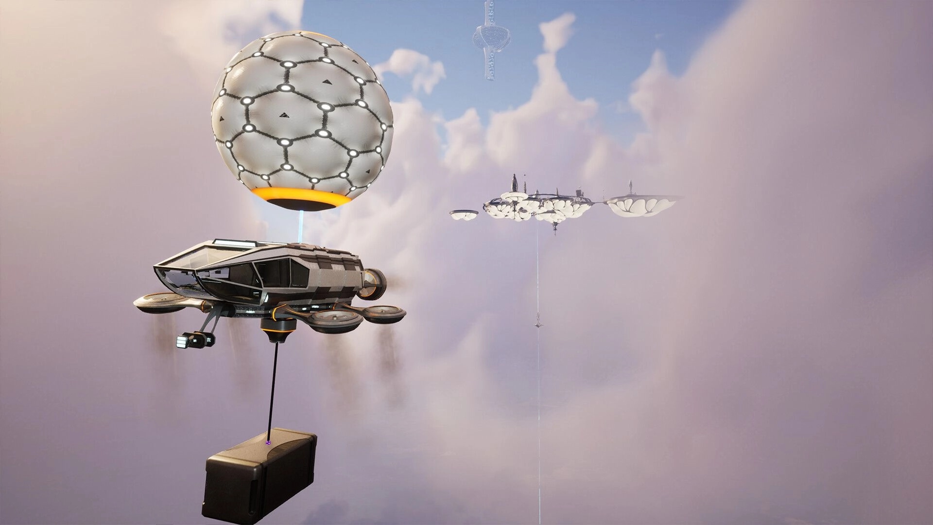 Venus: Hovercraft transporting cargo through a cloudy sky with a distant floating city in the background