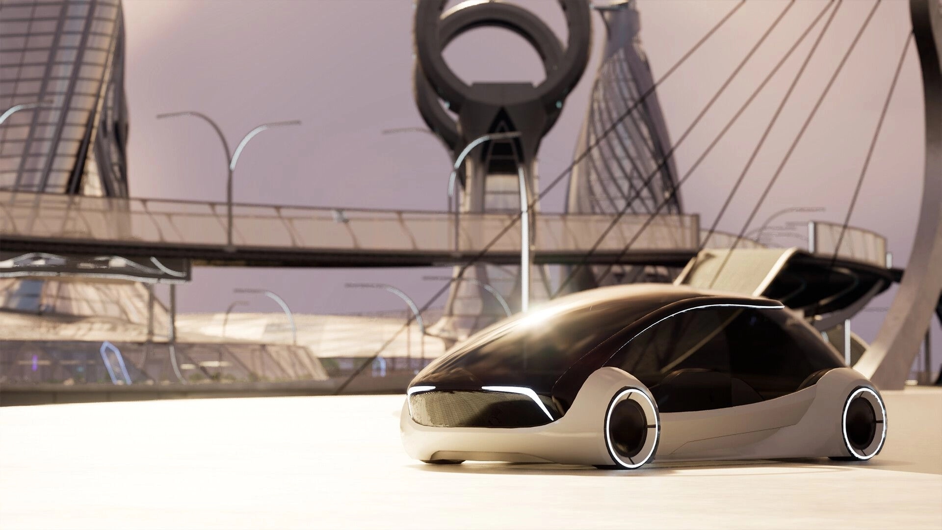 Venus: Futuristic vehicle parked in sleek, modern city with towering structures and arches