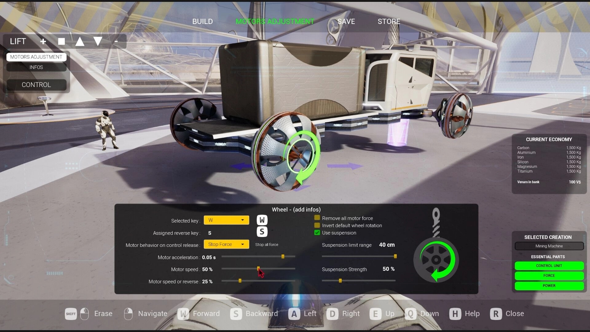 Venus: Vehicle customization interface with motor adjustment settings in a futuristic hangar environment