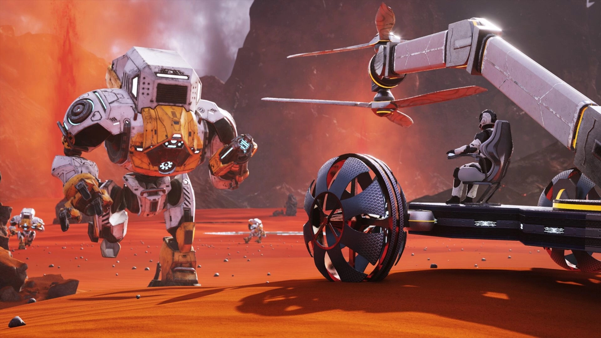 Venus: Large robot advancing on red desert as character pilots futuristic vehicle with propellers