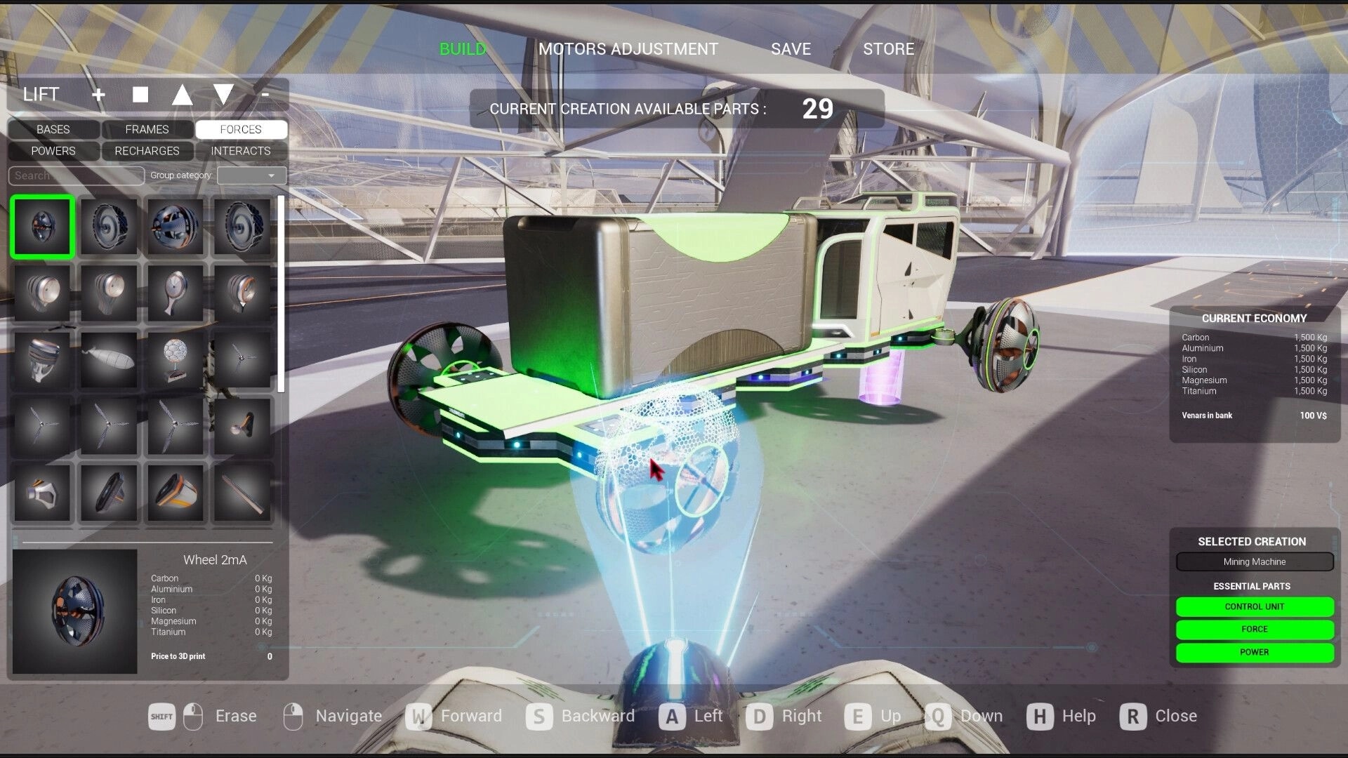 Venus: Building a mining machine in futuristic hangar with inventory and economy UI elements displayed