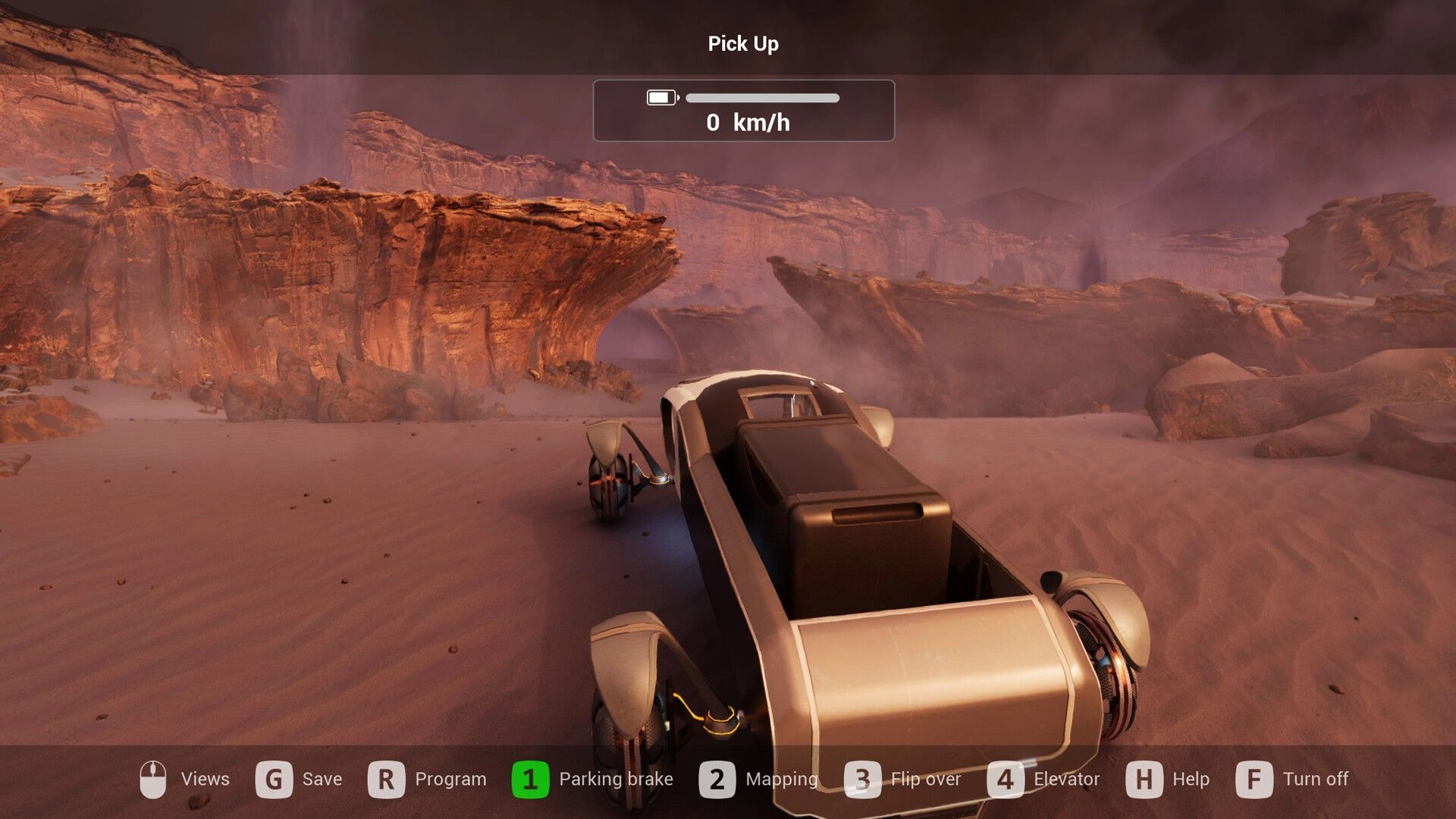 Venus: Futuristic vehicle in a desert canyon setting with UI showing speed and control options