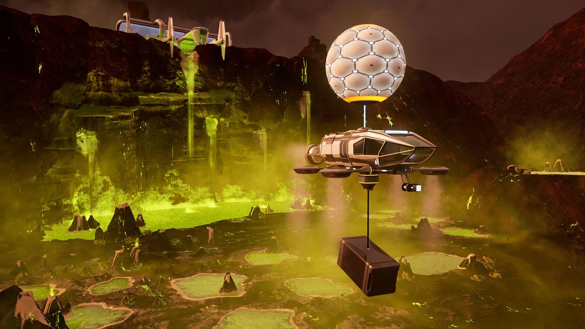 Venus: Floating drone transporting cargo over a toxic green landscape with waterfalls in the distance