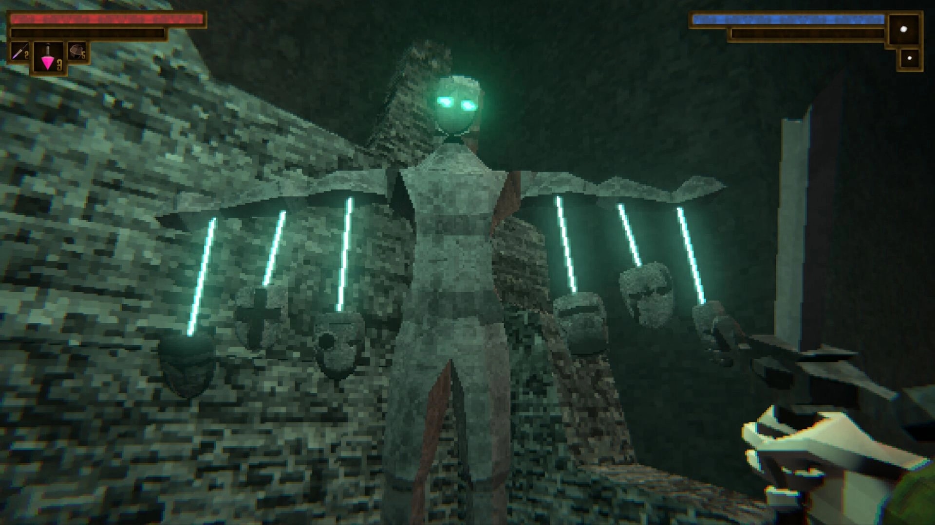 Verho: Player aiming weapon at stone statue with glowing eyes in dark dungeon environment