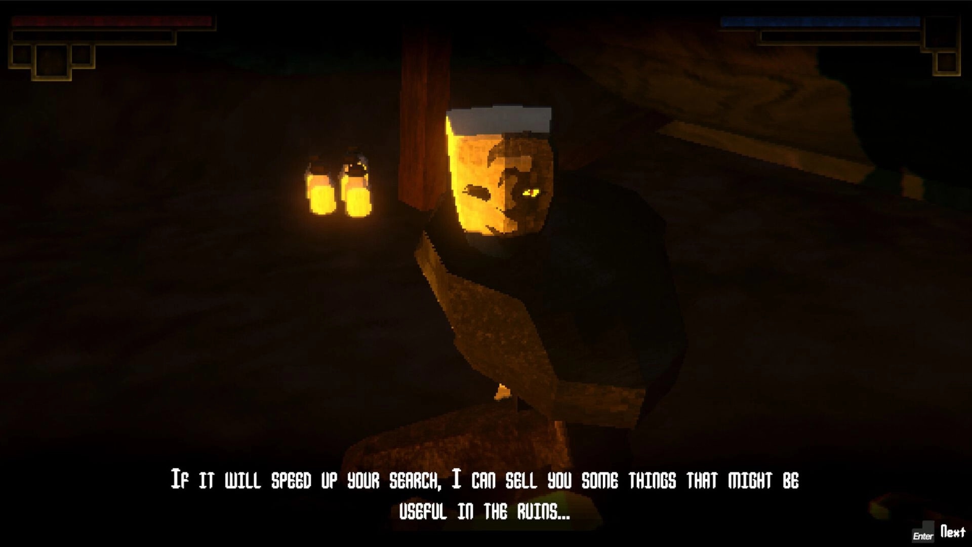 Verho: Masked character offers items in dimly lit cave with glowing lanterns nearby