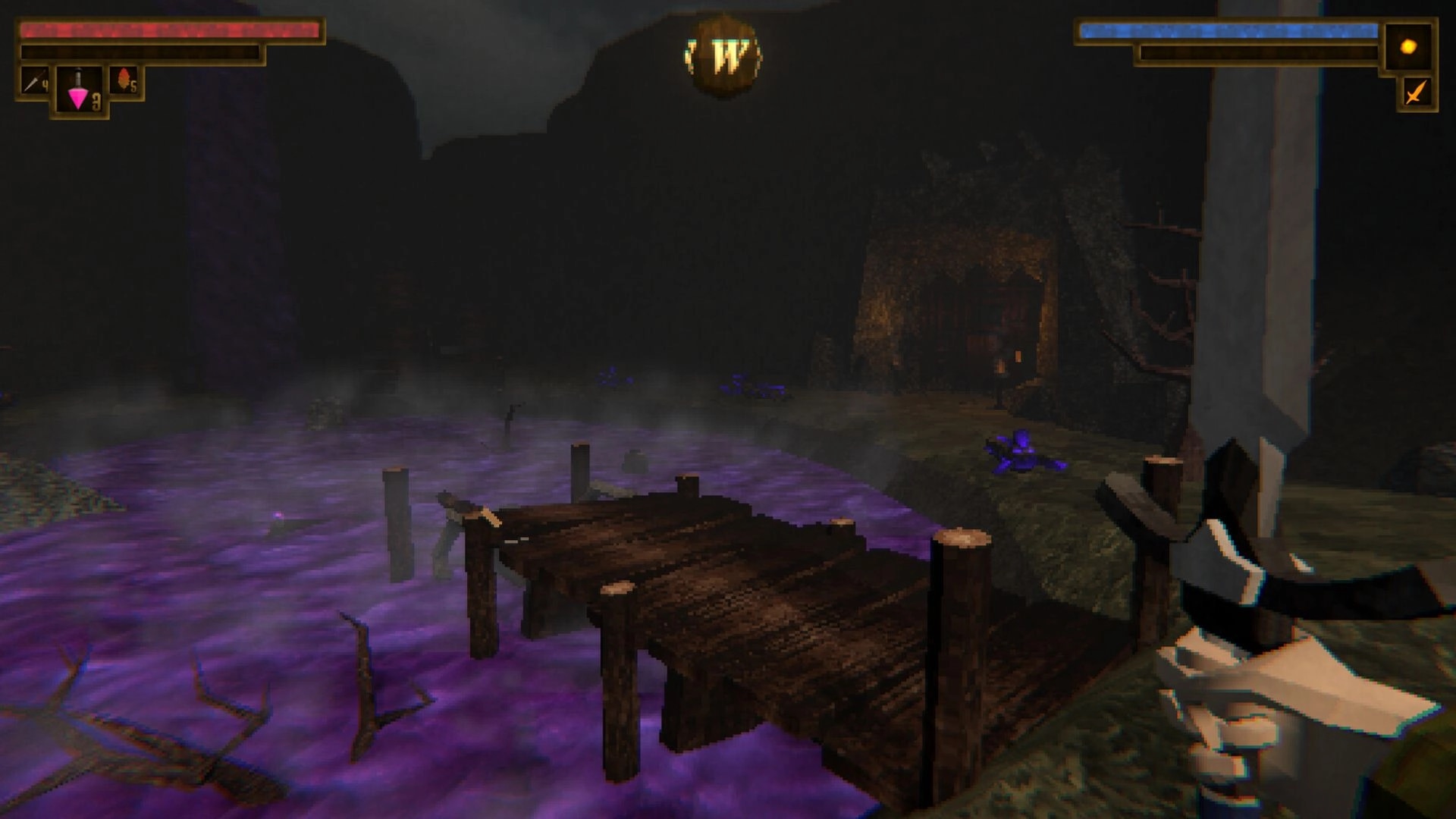 Verho: Sword-wielding player on foggy dock over purple water, health and compass UI visible