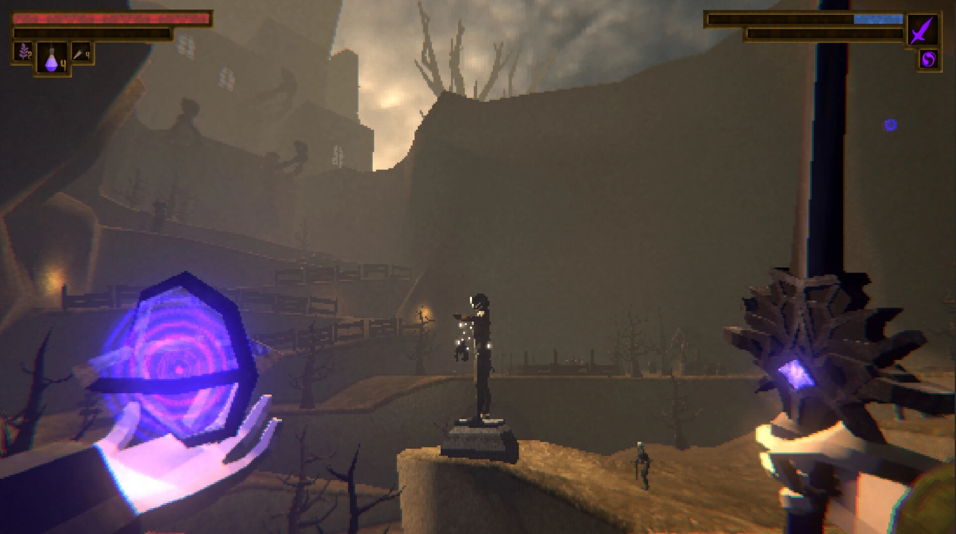 Verho: Player holds purple crystal and staff in misty valley with a distant figure and UI elements visible