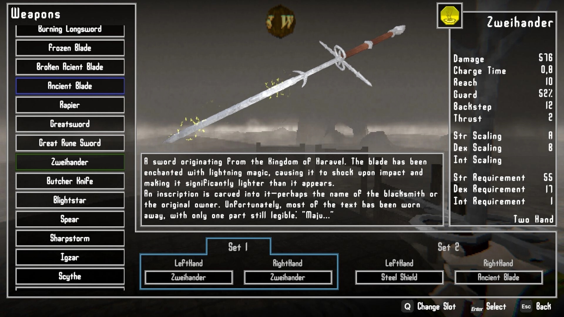 Verho: Weapon selection menu highlighting Zweihander with detailed stats and description displayed