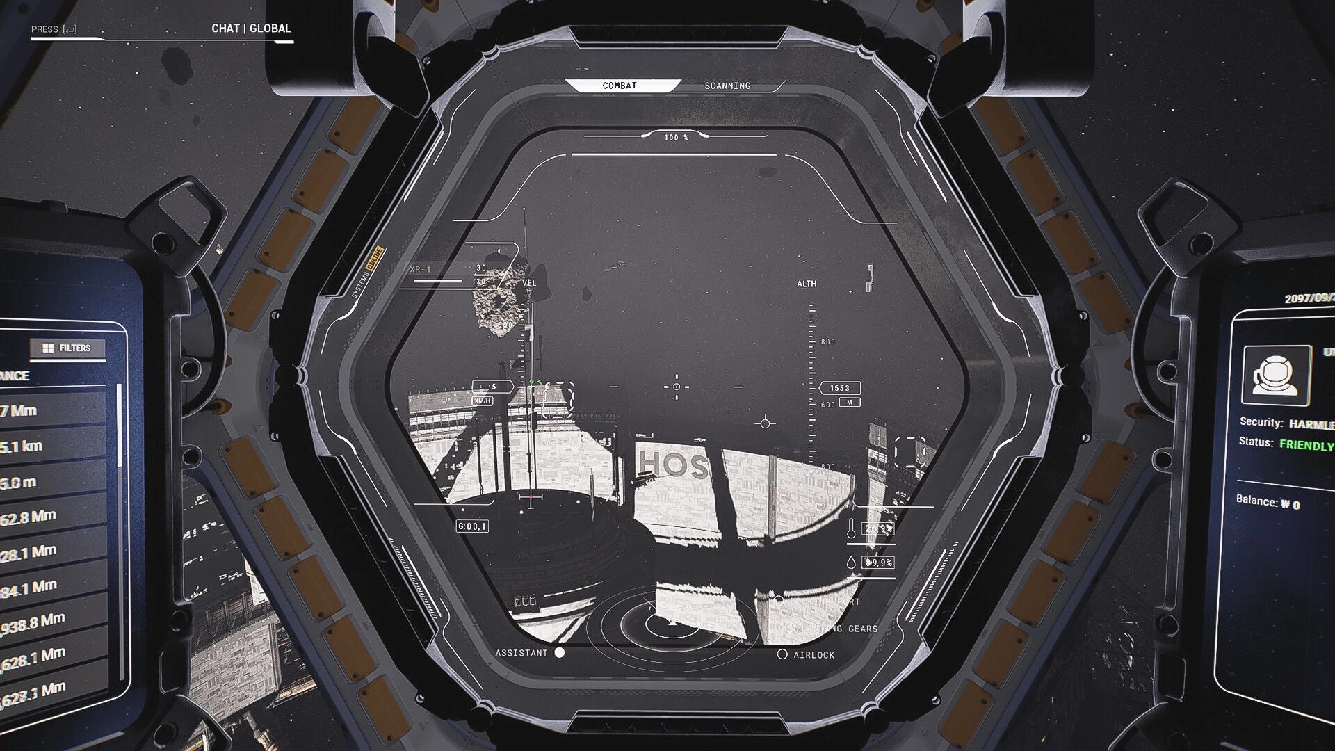 Verse Project: Spaceship cockpit view displays asteroid and base, with combat and scanning HUD elements