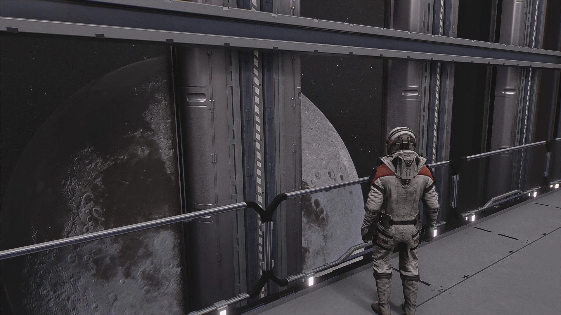 Verse Project: Astronaut gazing at lunar surface through large space station window in futuristic setting