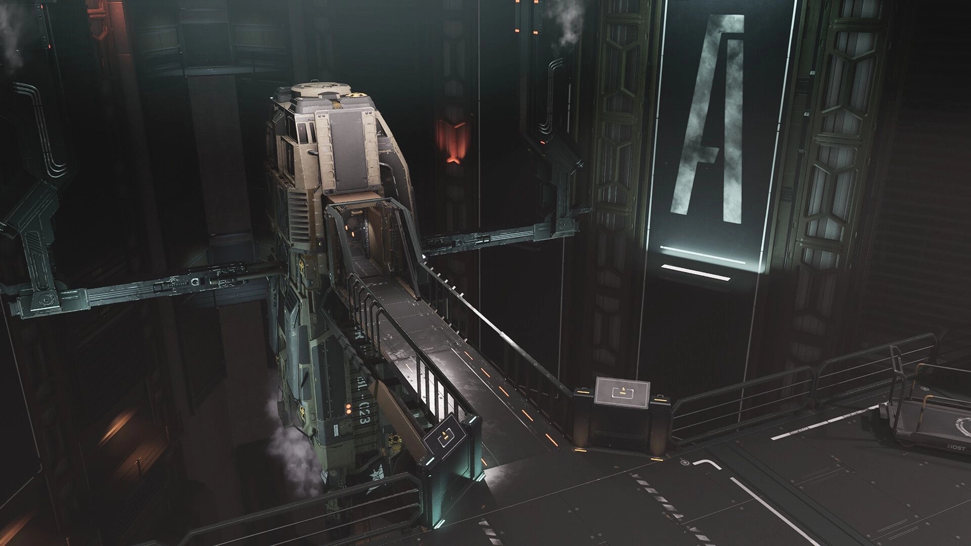 Verse Project: Industrial spaceship hangar with walkways and a large illuminated letter A on the wall