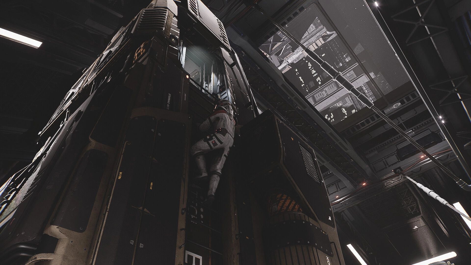 Verse Project: Astronaut climbs a spacecraft in a futuristic hangar environment
