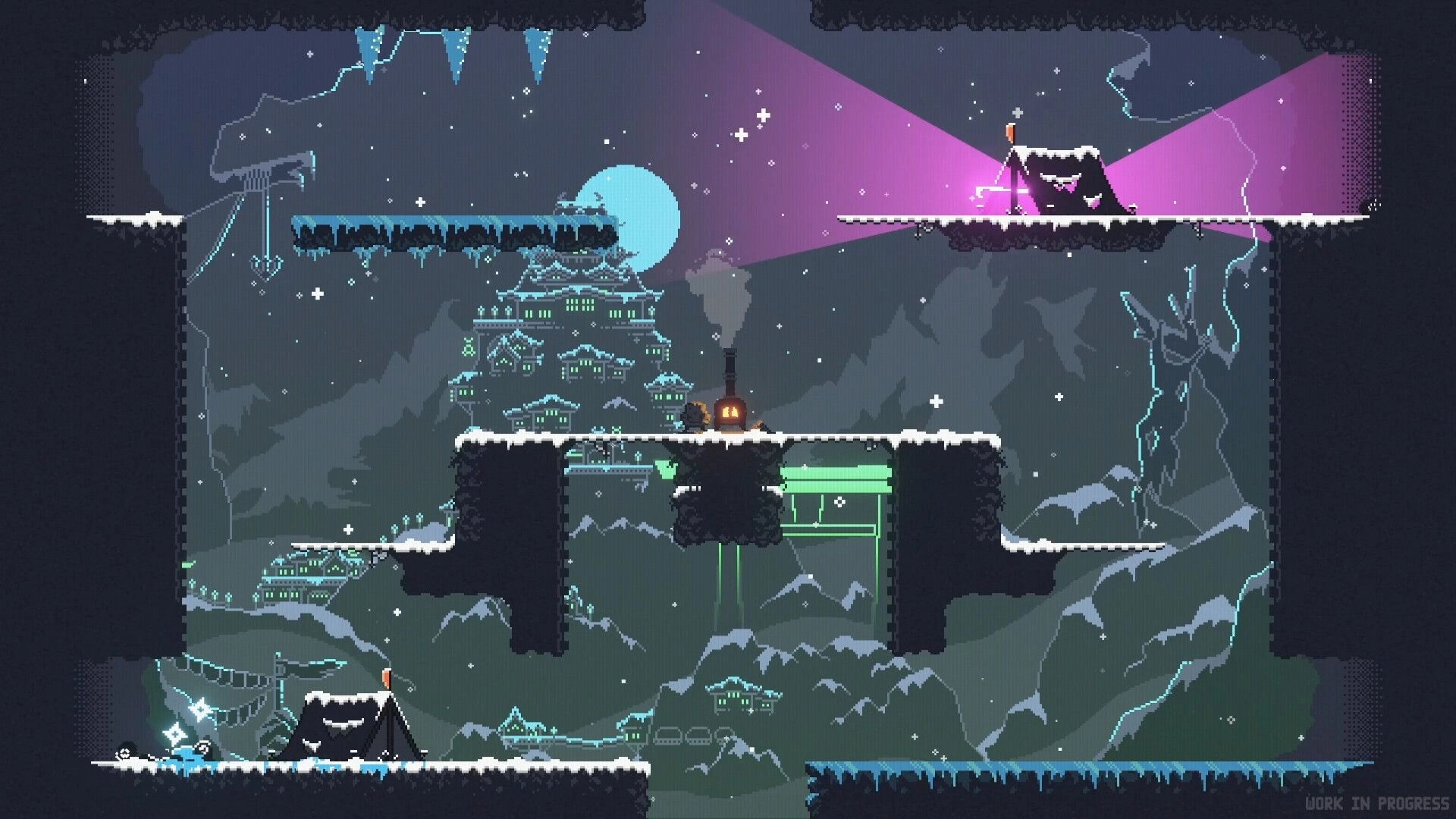 Versus in the Dark: Snowy platform duel with players hiding and a city backdrop under a starry night sky