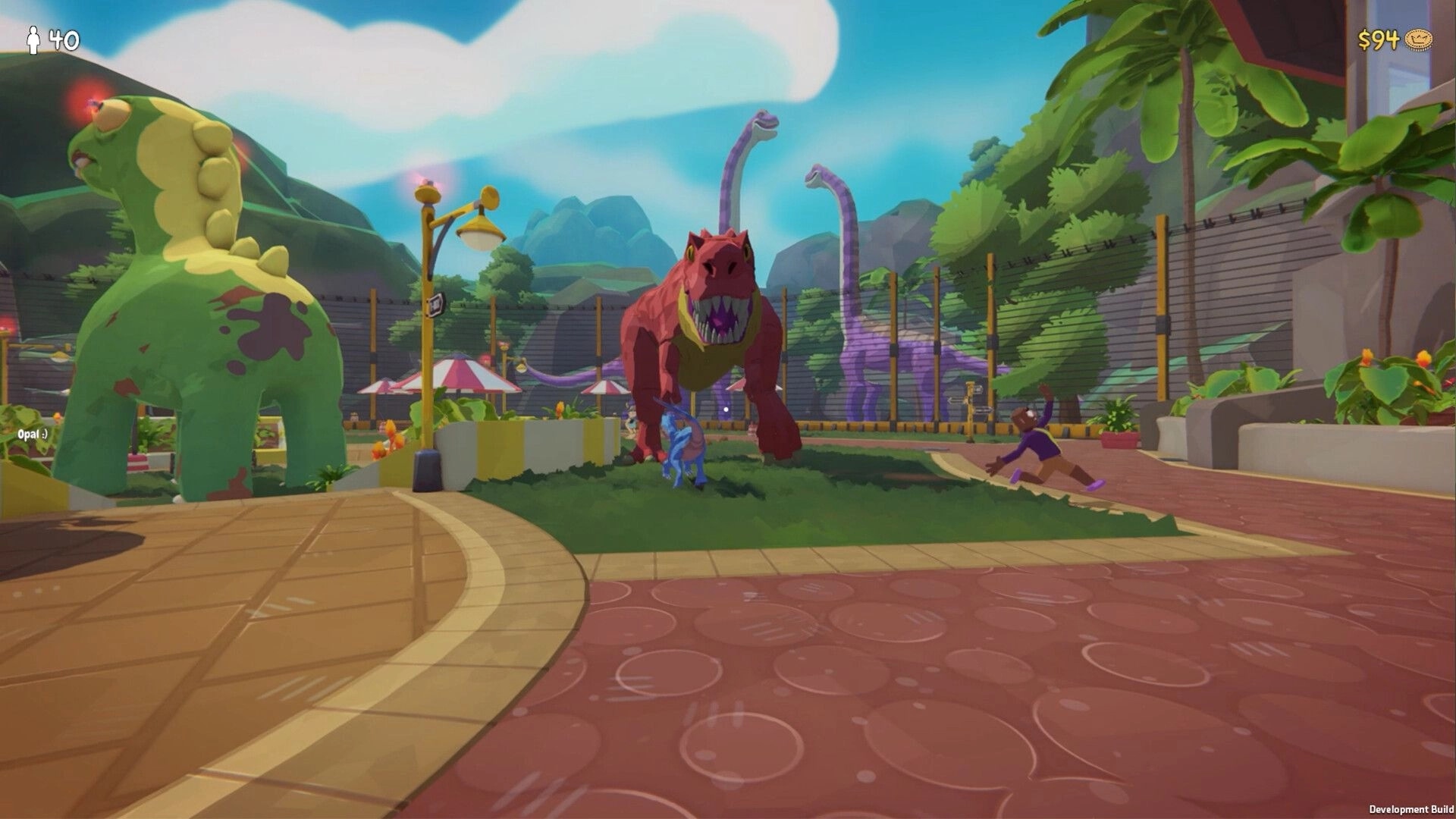 Very Safe Dino Park 🦖: T-rex charges a player on park path, fenced dino paddock with cash UI $94.