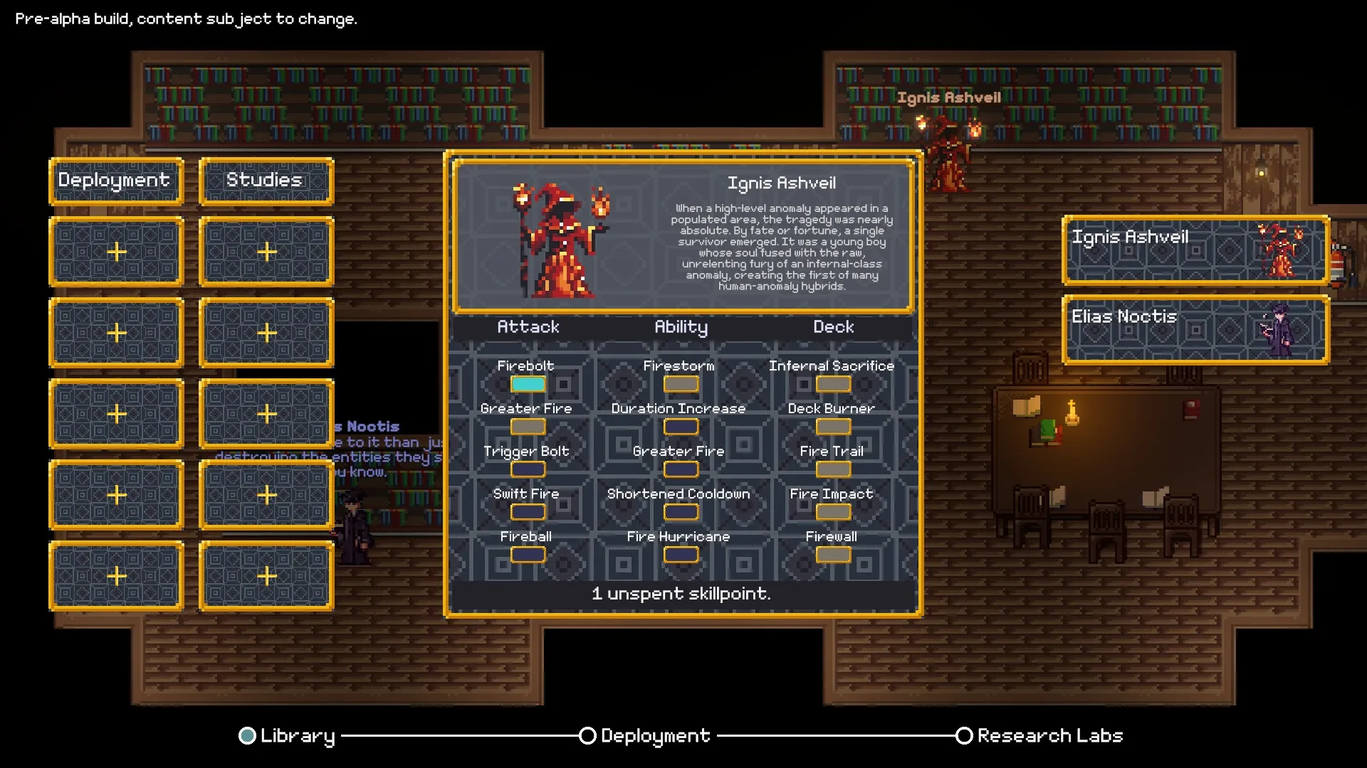 Vespia: Character skill selection menu in a library setting with detailed ability descriptions
